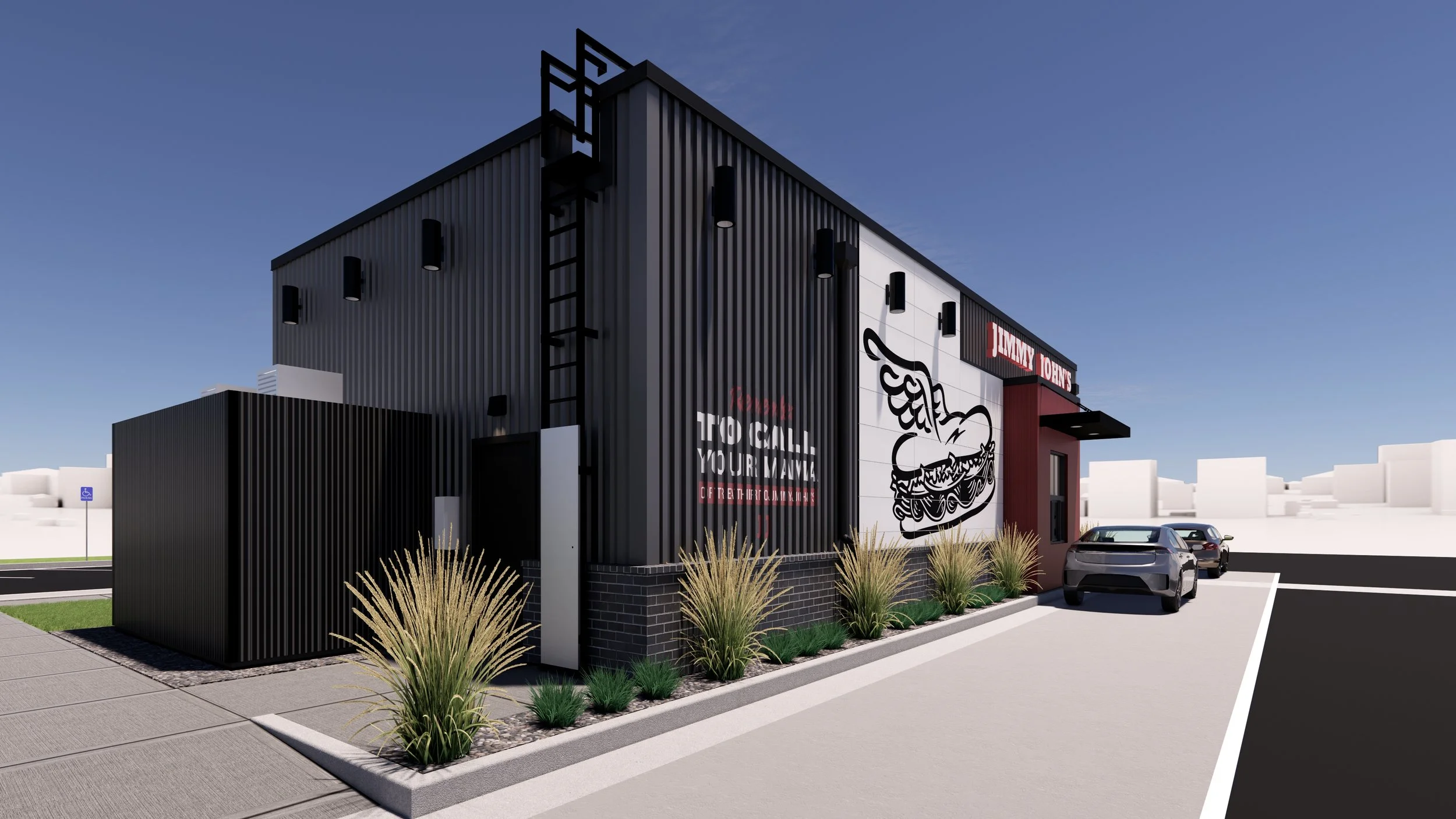 Southwest eye level view of back of #jimmyjohns building and drive thru