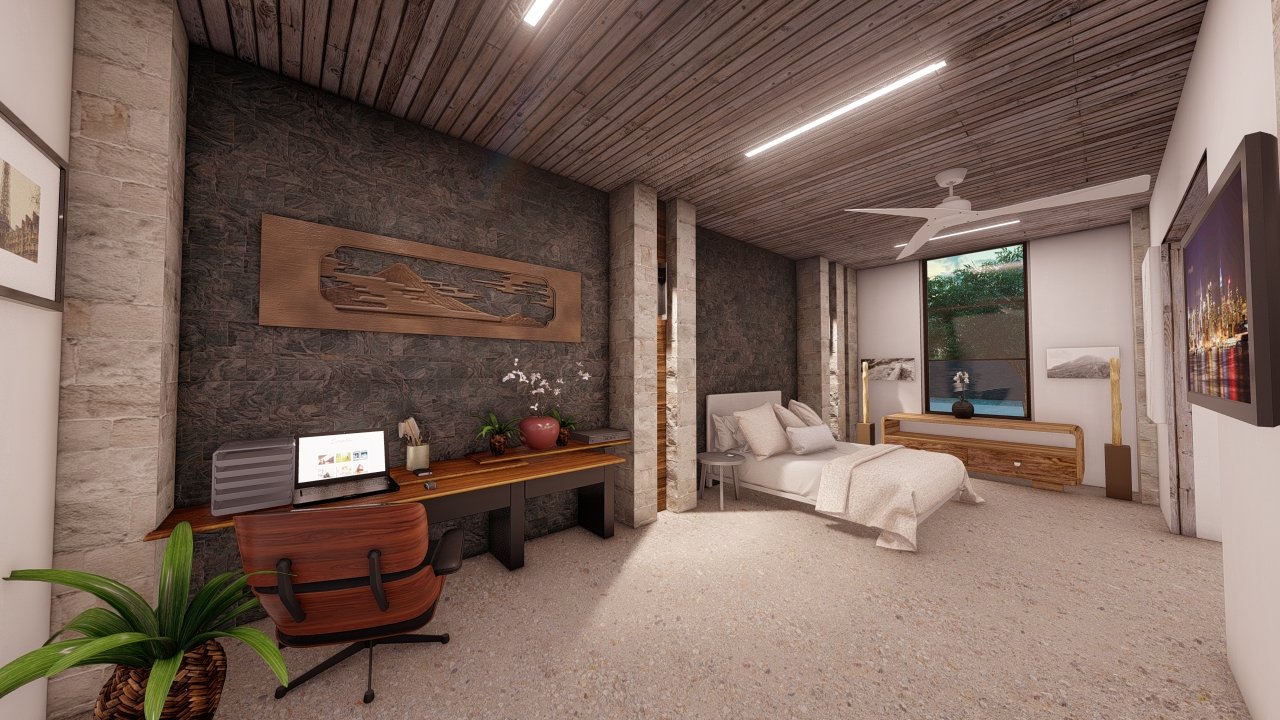 A modern bedroom with a wooden ceiling, dark stone wall, and a large window offering a true nature feel.