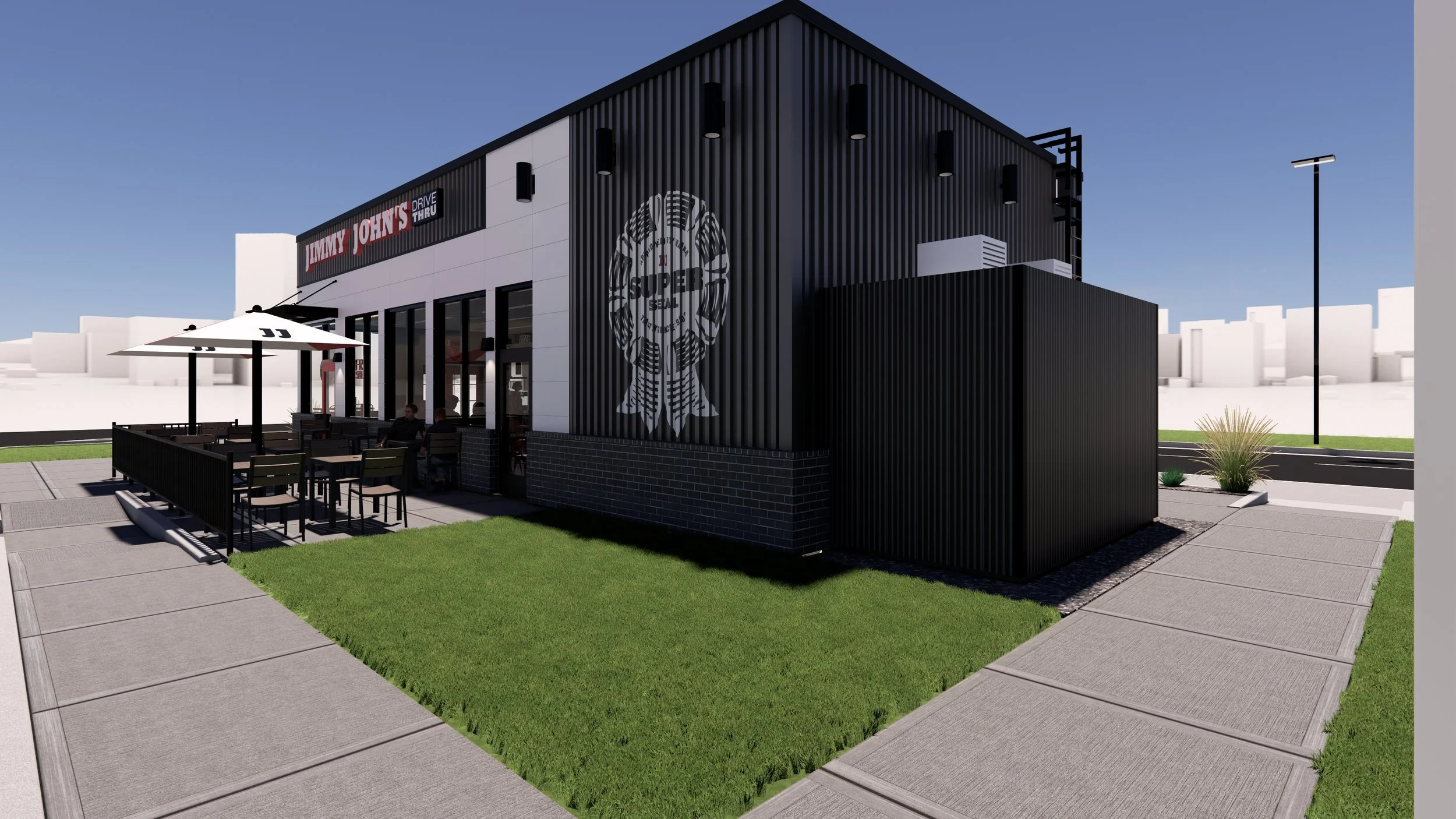Northwest eye level view of the back of #jimmyjohns building