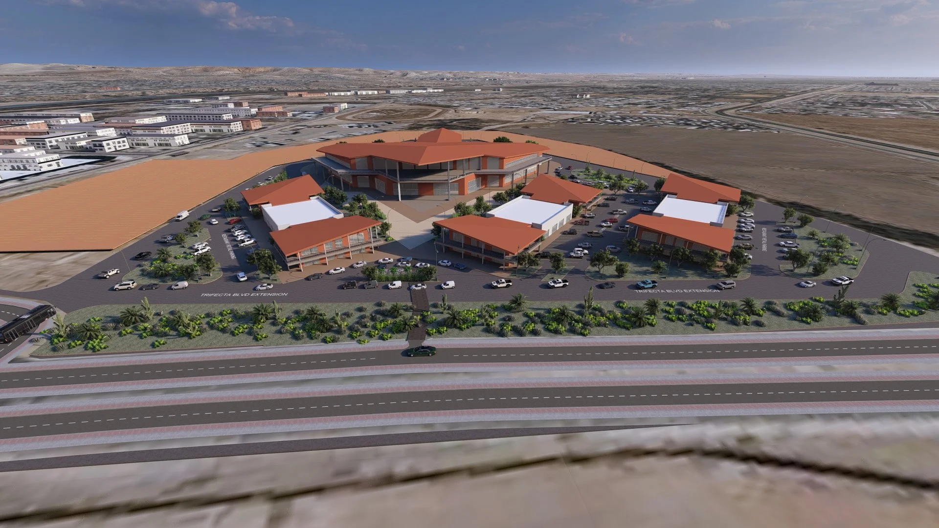 digital rendering of modern, multi-story building complex with red-tiled roofs, surrounded by parking lots and landscaped greenery. The complex is located along Trifecta Blvd extension, with a highway in the foreground and rugged terrain in the background.