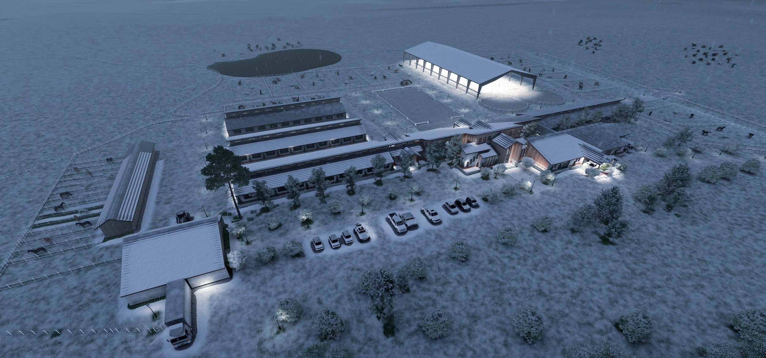 An expansive snow-covered equestrian facility with multiple horse barns, indoor riding arena, outdoor riding ring, and paddocks.