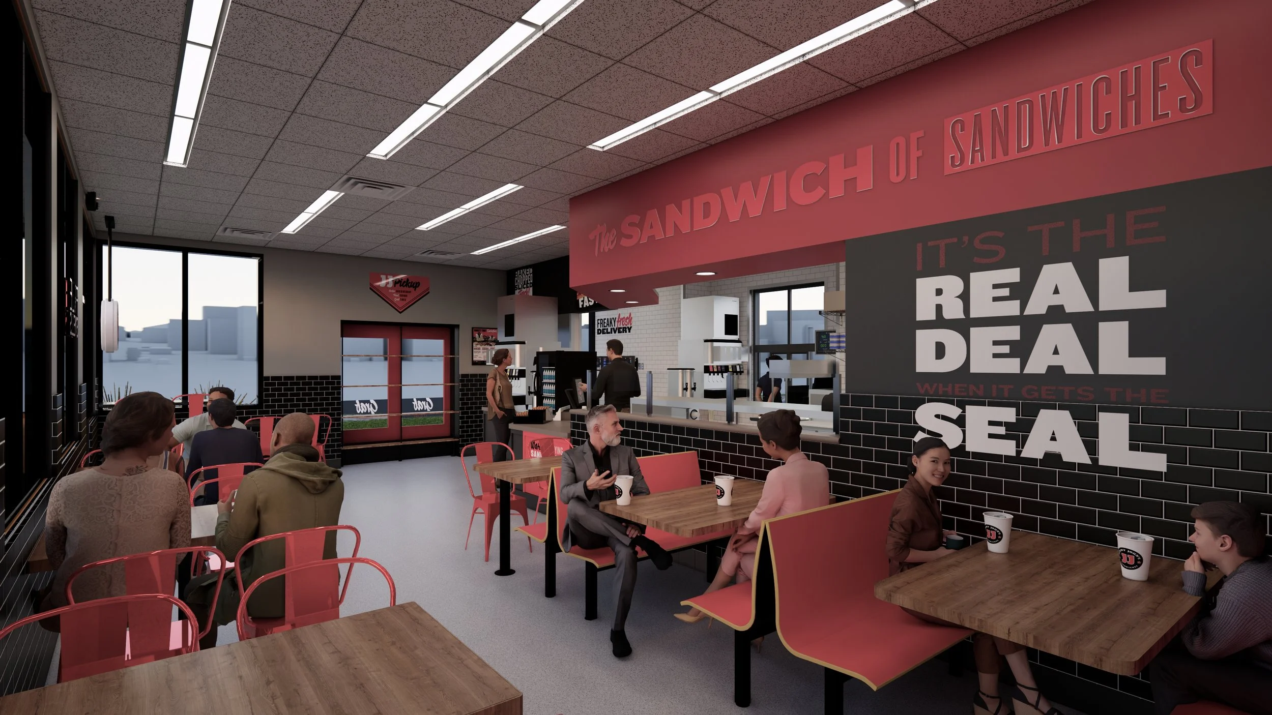 Interior view of dining area with tables and chairs #jimmyjohns 