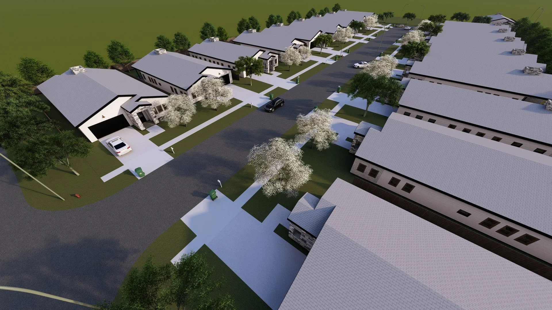 neighborhood with multiple modern houses, each with driveways and cars parked in front, surrounded by trees, with sidewalks and a central road.