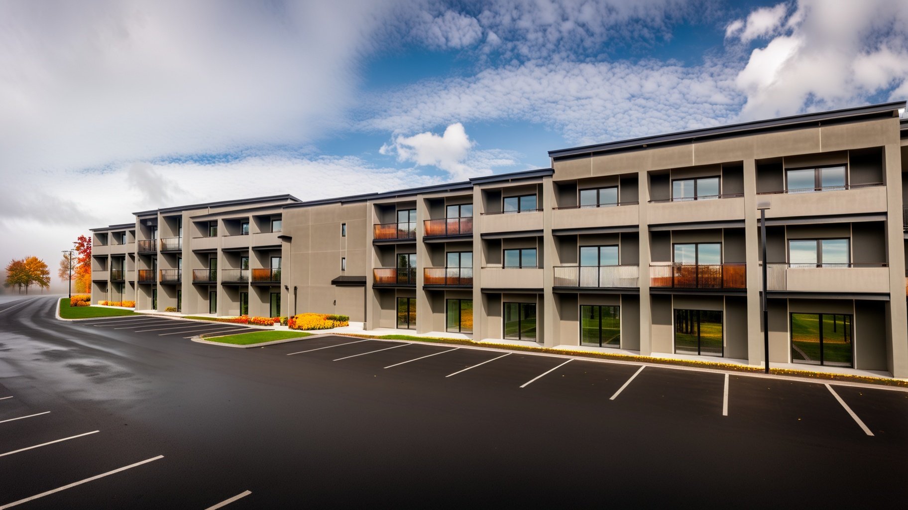 Rendering Exterior back of building with balconies from parking lot. #marriott #marriotthotels #marriottbonvoy #marriottcourtyard