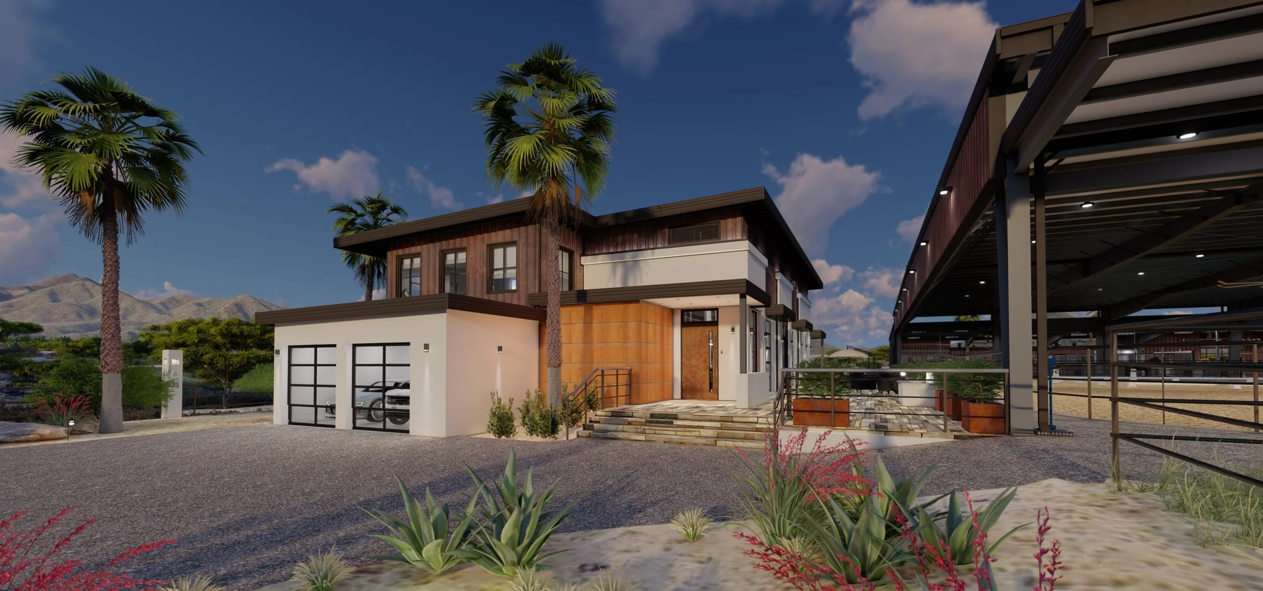 Modern home in AZ with horse arena next to it