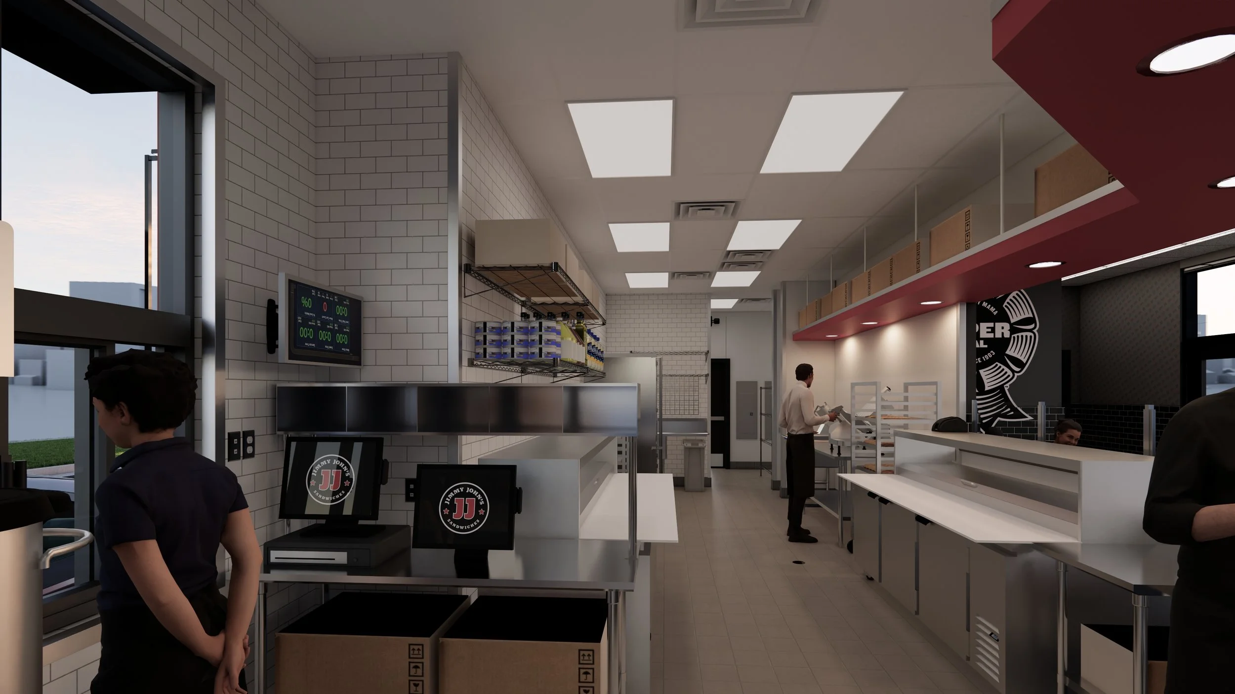 Interior view of kitchen. Prep area and drive thru window #jimmyjohns 