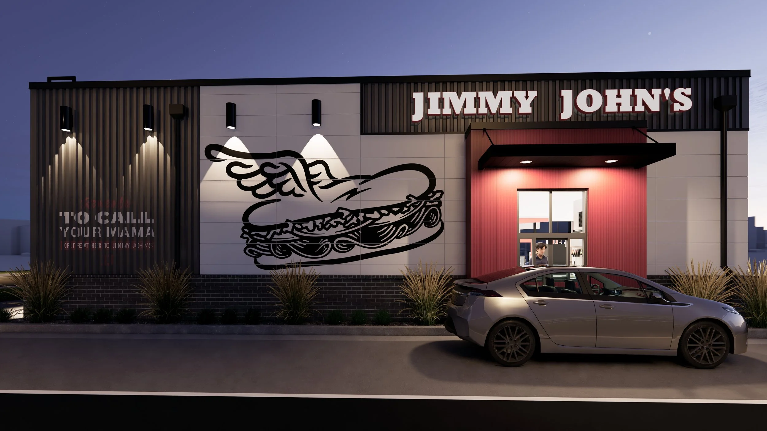 South eye level view of side of #jimmyjohns building and drive thru lane