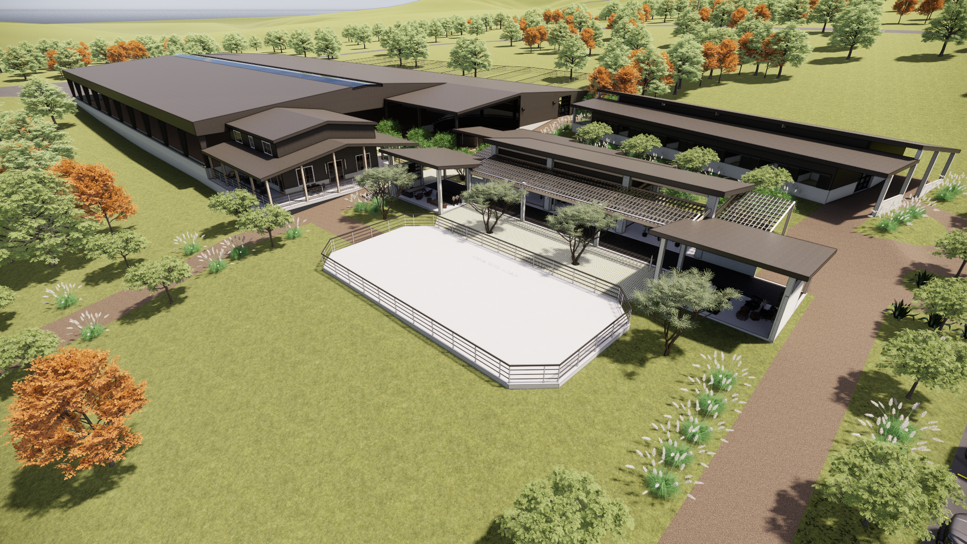 Rendering exterior view of horse facility showing arena large covered arena #horse #barn #horsebarn #equestrian #horsefacility #equestrianfacility #equestrianbarn #equestrianproperty