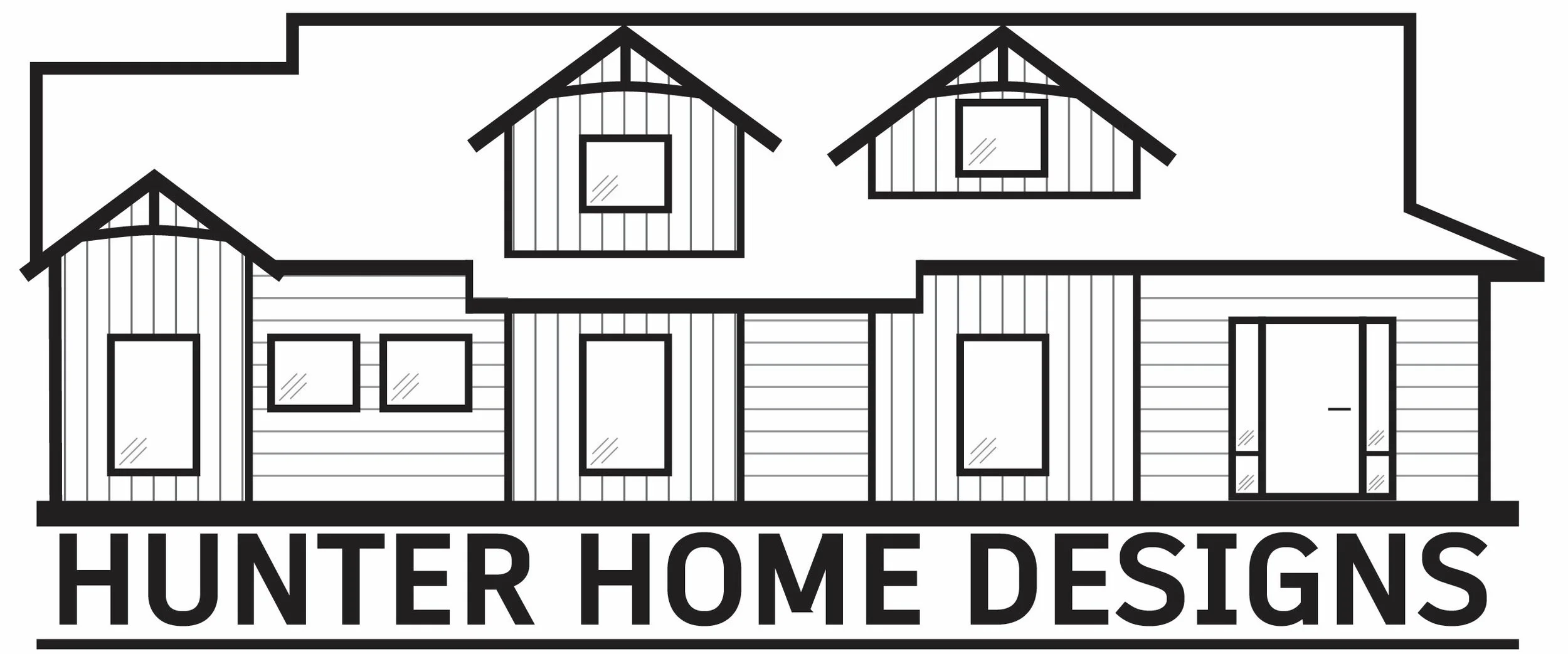 Line drawing of a large house with multiple sections and gabled roofs, with the text 'HUNTER HOME DESIGNS' at the bottom.