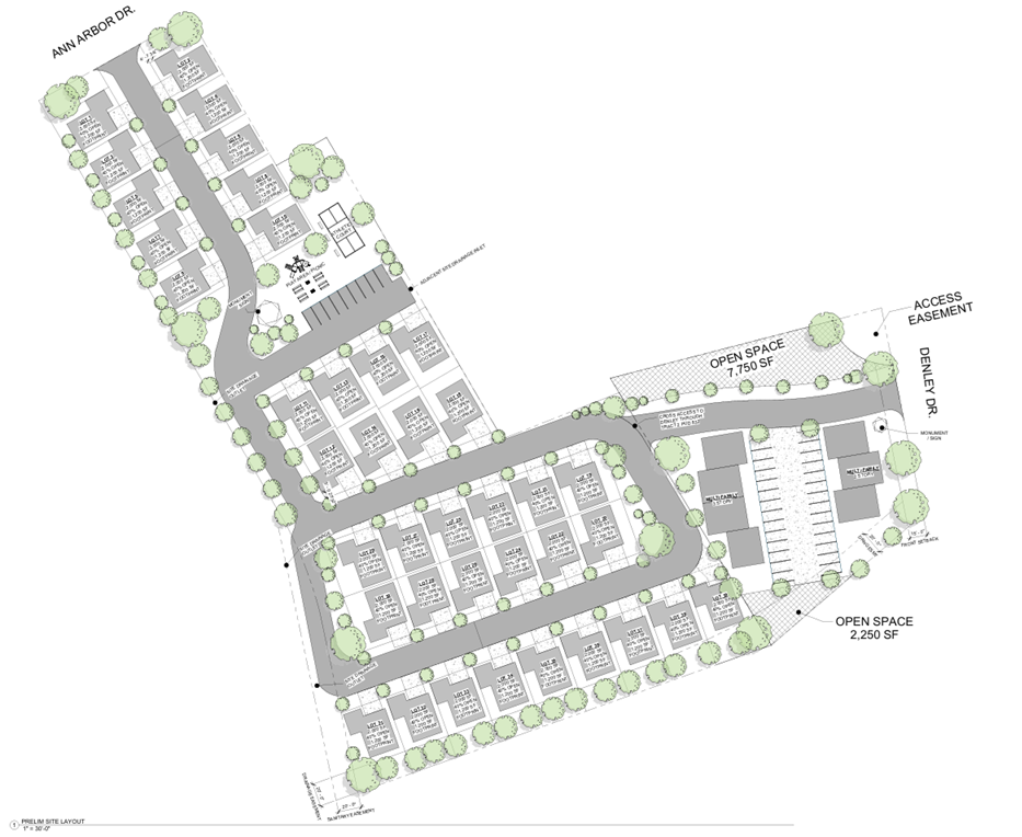 Site plan residential development showing apartment home layout, roads, green spaces, open spaces, access easement, and parking areas.