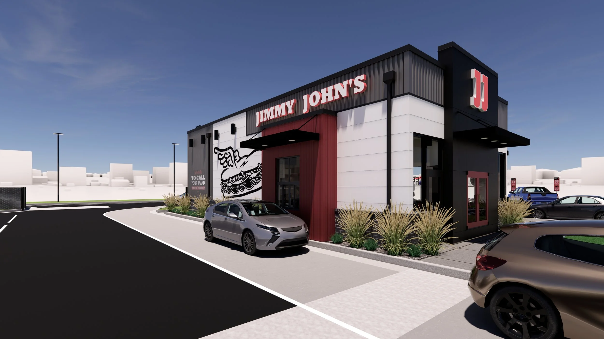 Southeast eye level view of frond and side of #jimmyjohns building and drive thru