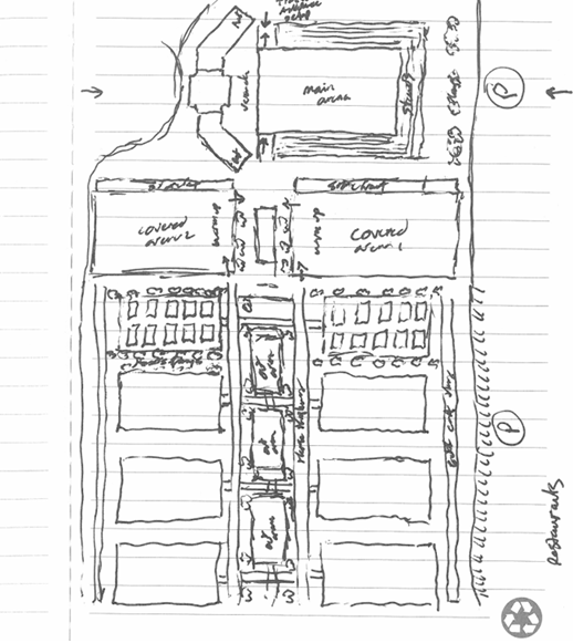 Hand-drawn sketch of a landscape layout including main arena, covered arena, seating, parking, and pathways. Labels indicate areas and entrances.