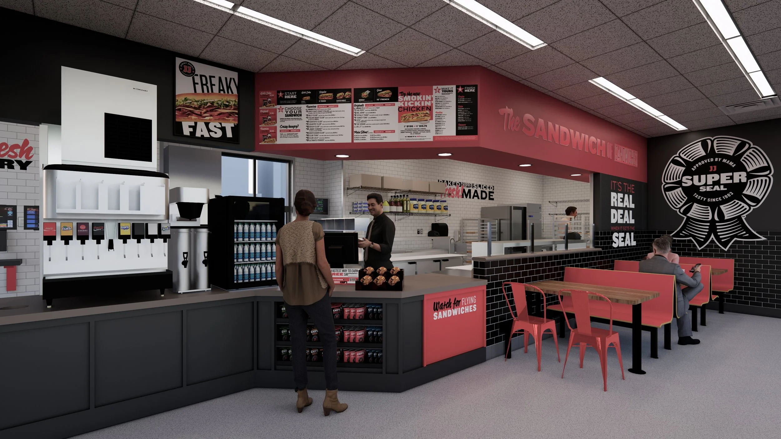 Interior view of drink machine and order counter with some tables #jimmyjohns 