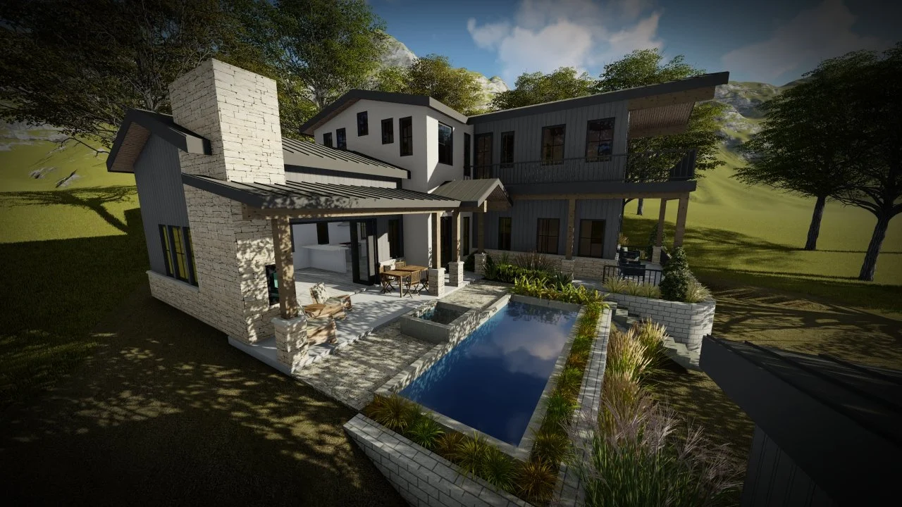 Modern house with a pool, outdoor seating, and surrounded by trees and greenery