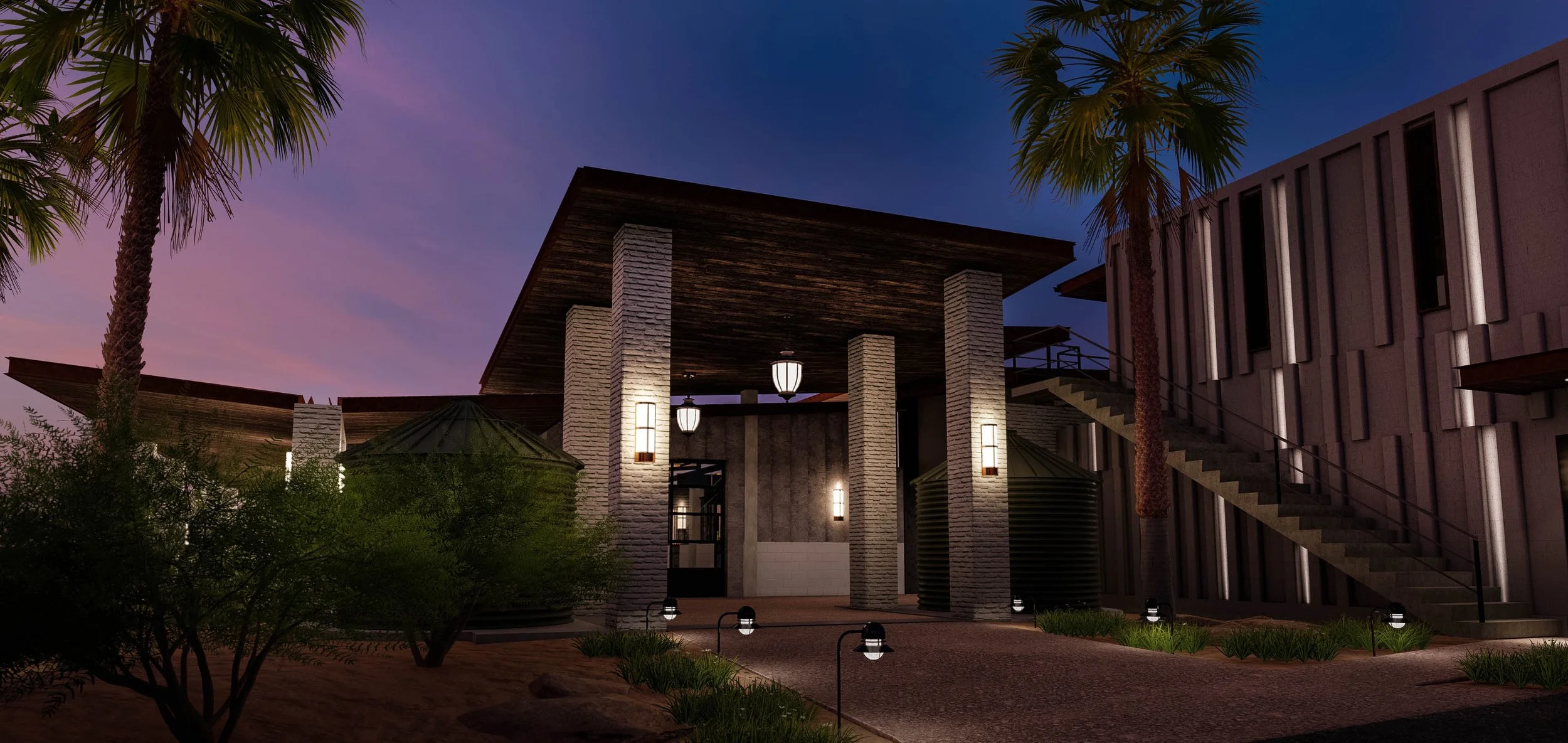 Evening view highlighting the entrance to a modern home with elegant outdoor lighting, and groomed landscaping.