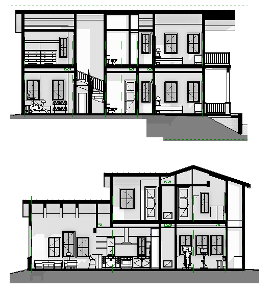 Cross-sectional architectural drawing of a multi-story residential building, showing interior layout including rooms, staircases, windows, and doors on multiple floors.