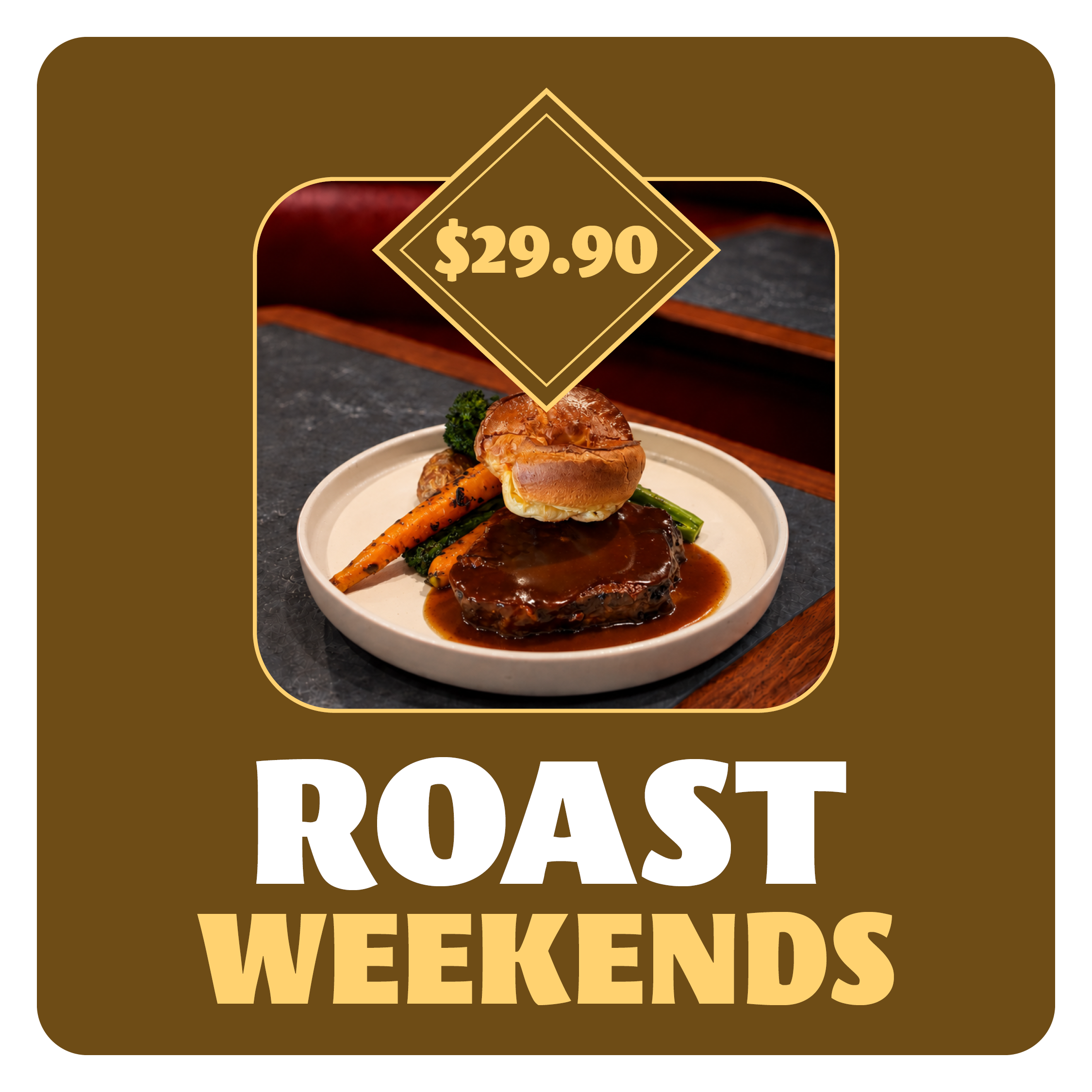 Image of a Sunday roast meal with beef, roast vegetables, and gravy, served on white plates, along with a glass of red wine and a drink with ice and lemon on a wooden table.