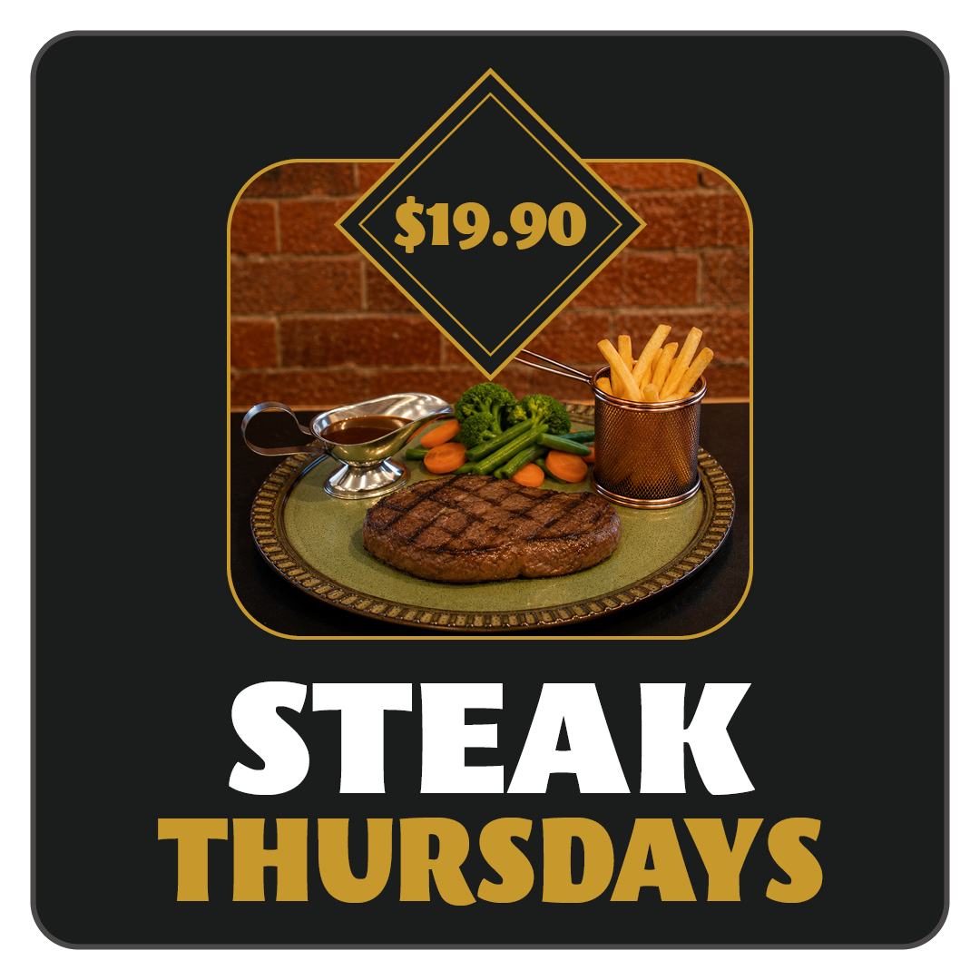 Photograph of a restaurant menu promotion for Thursday Steak Night, featuring three plates of grilled steak with sides, salads, and sauces on a wooden table.