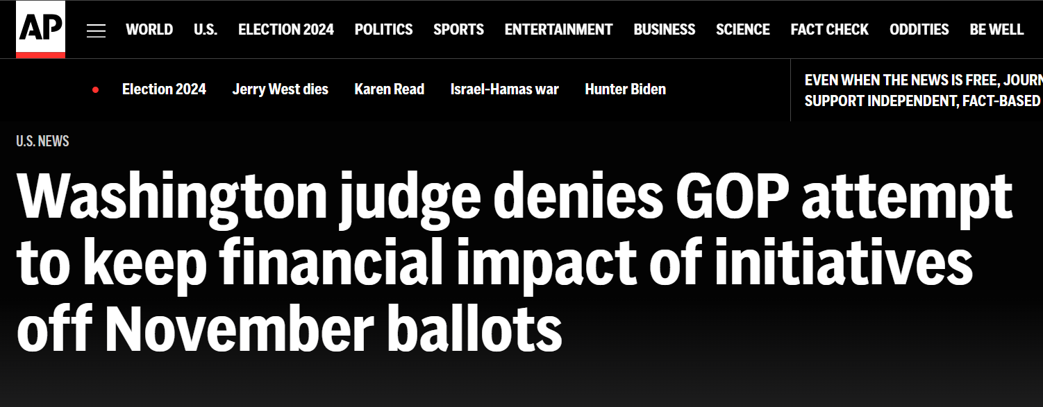 AP: Washington judge denies GOP attempt to keep financial impact of initiatives off November ballots