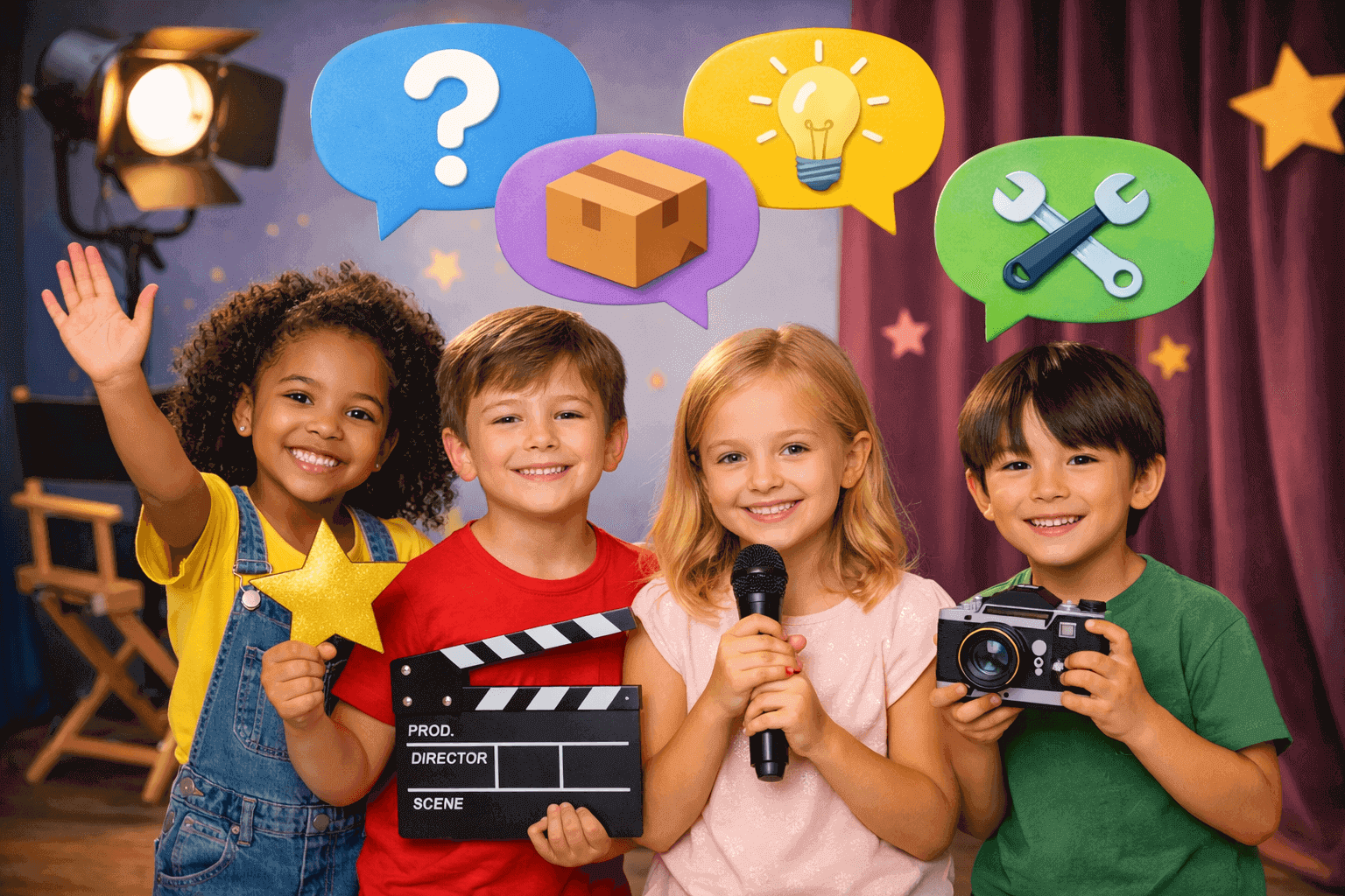 Enfants souriants sur un décor de casting avec des bulles de dialogue illustrant les questions fréquentes de The Casting Kids