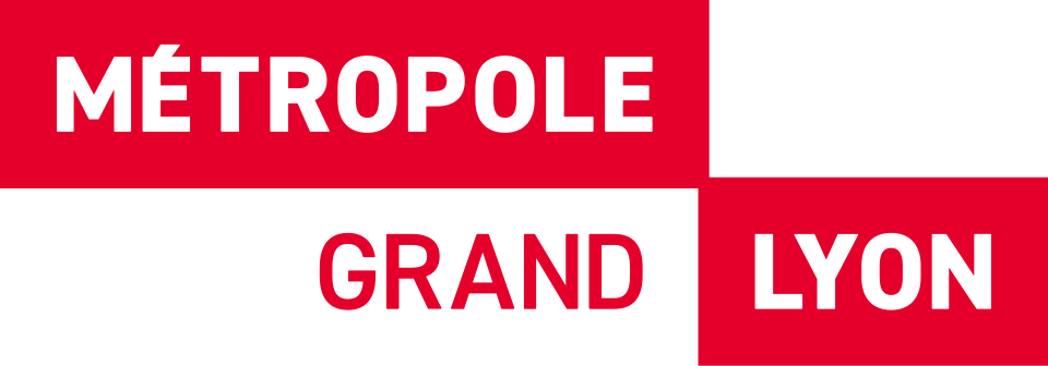 Logo de la métropole de Lyon avec le texte Métropole, Grand, Lyon en blanc et rouge sur fond noir, rouge et blanc.
