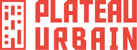 Logo avec le texte 'Plateau Urbain' en rouge et noir, et un symbole graphique stylisé à gauche.