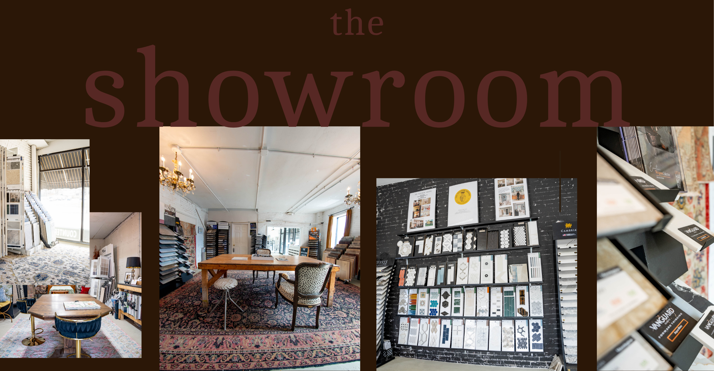 Interior view of a showroom with display shelves of tiles and flooring materials, a table with fabric samples, and decorative rugs.