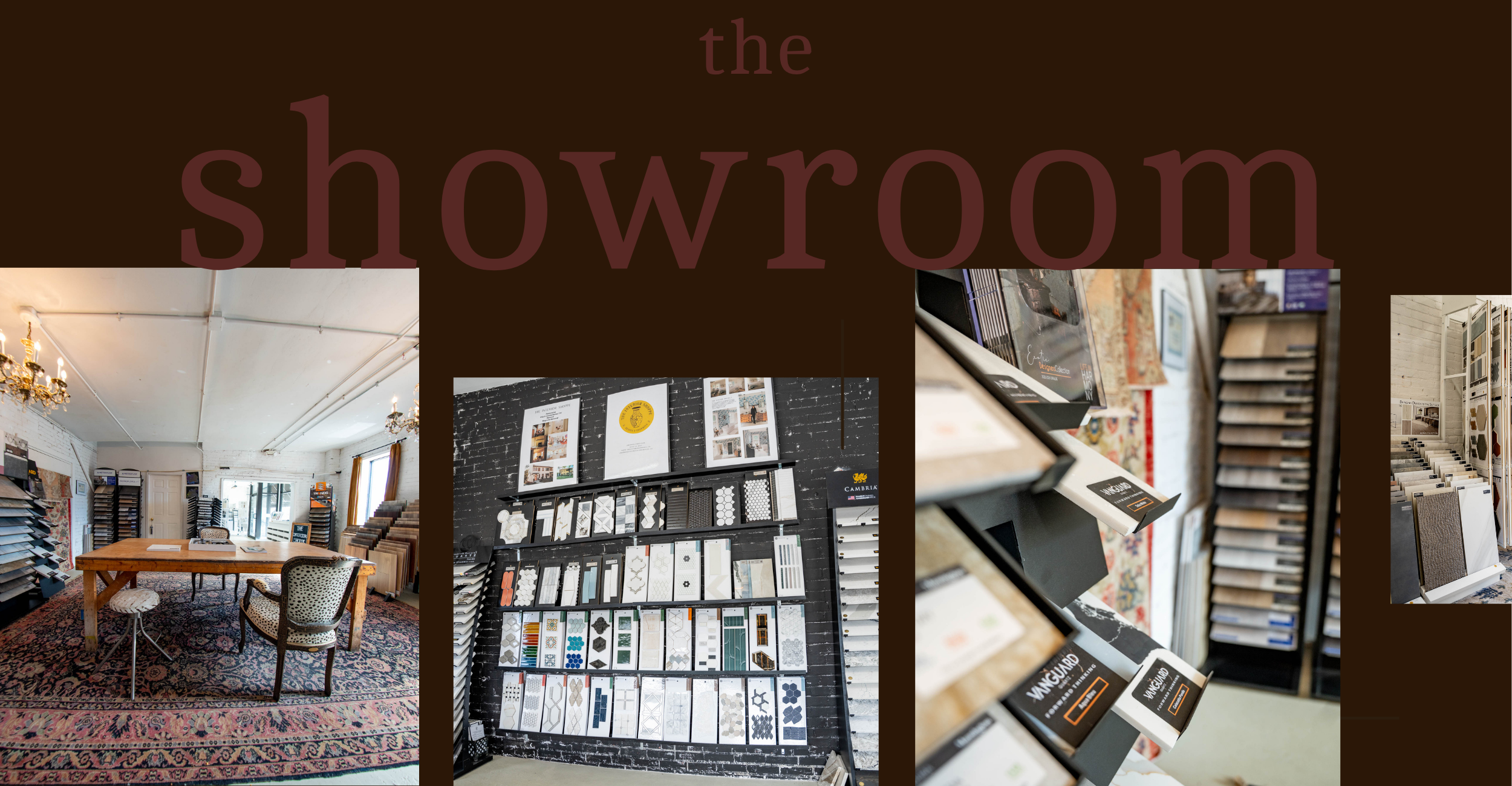 Interior of a showroom with design materials, sample tiles, and decor items displayed on shelves and walls.