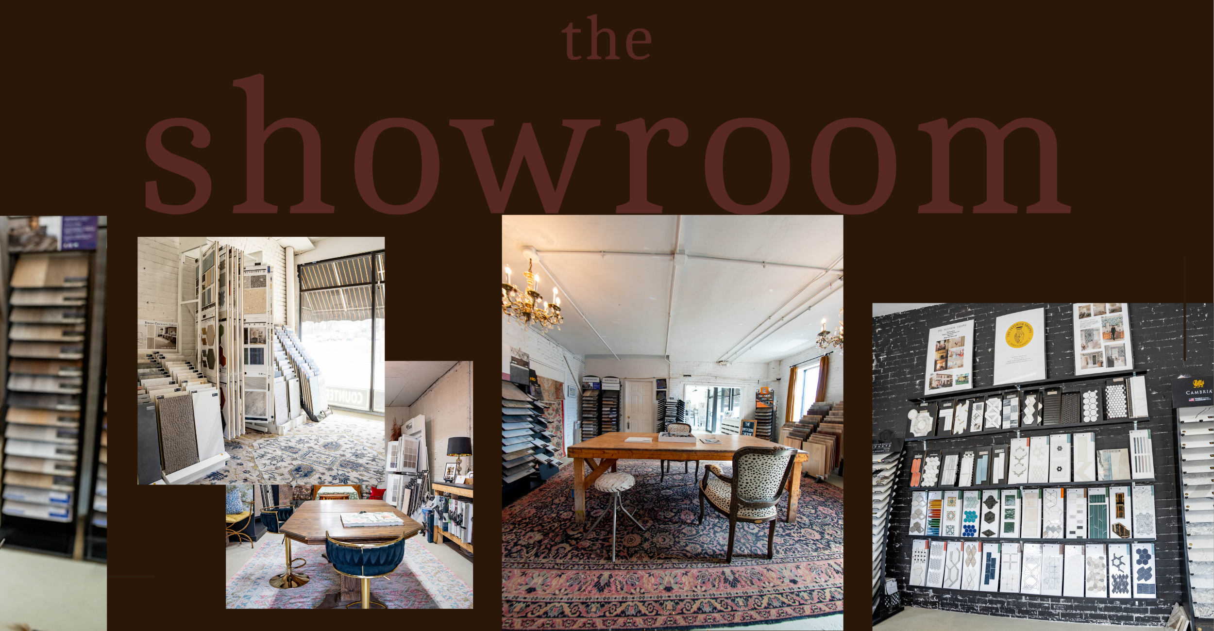Display wall samples of tiles and flooring options in a showroom with a table, chairs, and decorative rugs.