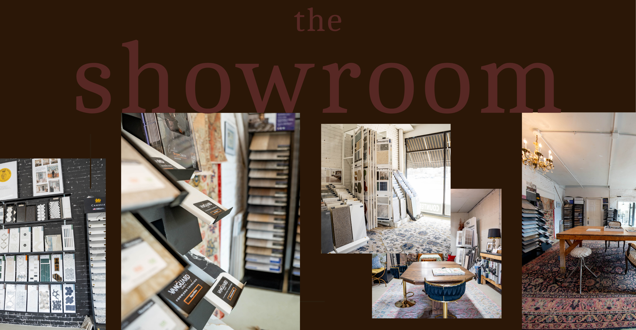 Collage of images showing samples of tiles, flooring, and interior design elements in a showroom.