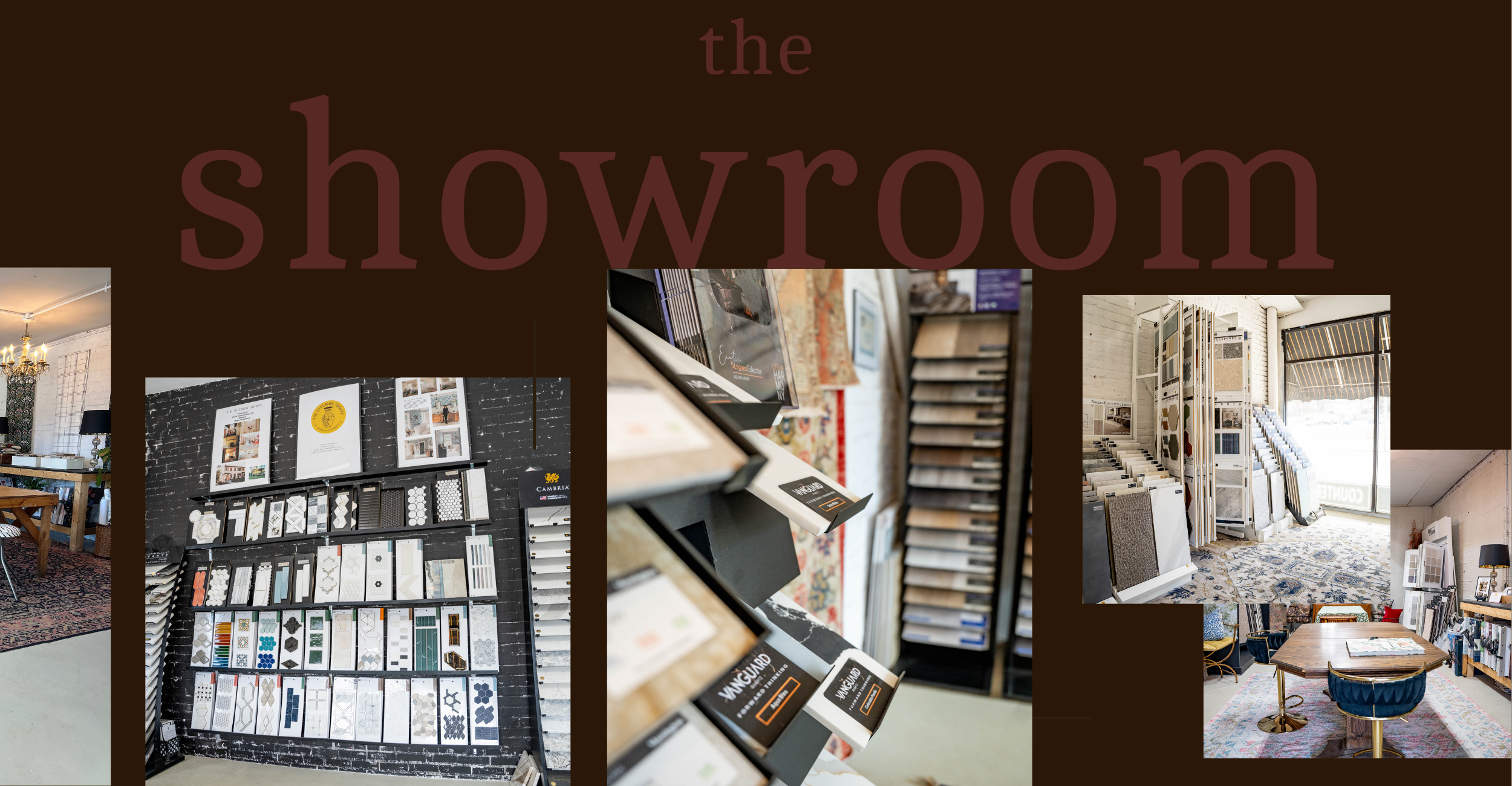 Interior of a showroom displaying tiles and interior design samples with bookshelves, seating area, and window with blinds.