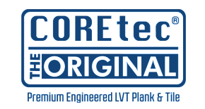 Logo for Coretec, The Original, in blue sans-serif typography, with the tagline "Premium Engineered LVT Plank & Tile"