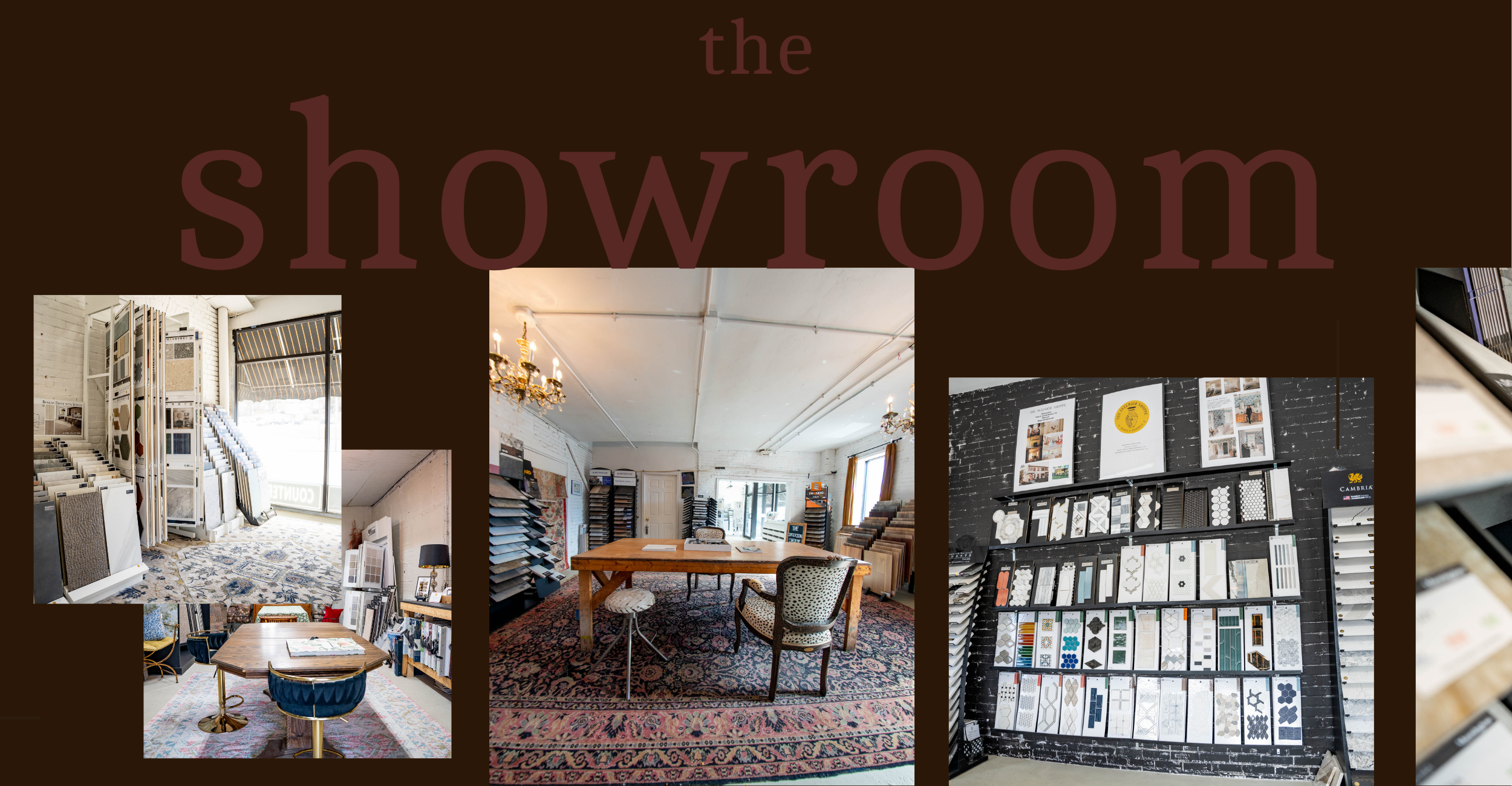 Image collage of showrooms with interior displays: on the left, a showroom with wall-to-wall carpet samples, on the center, a showroom with a large wooden table and fabric samples on shelves, on the right, a showroom with tile and decorative surface 