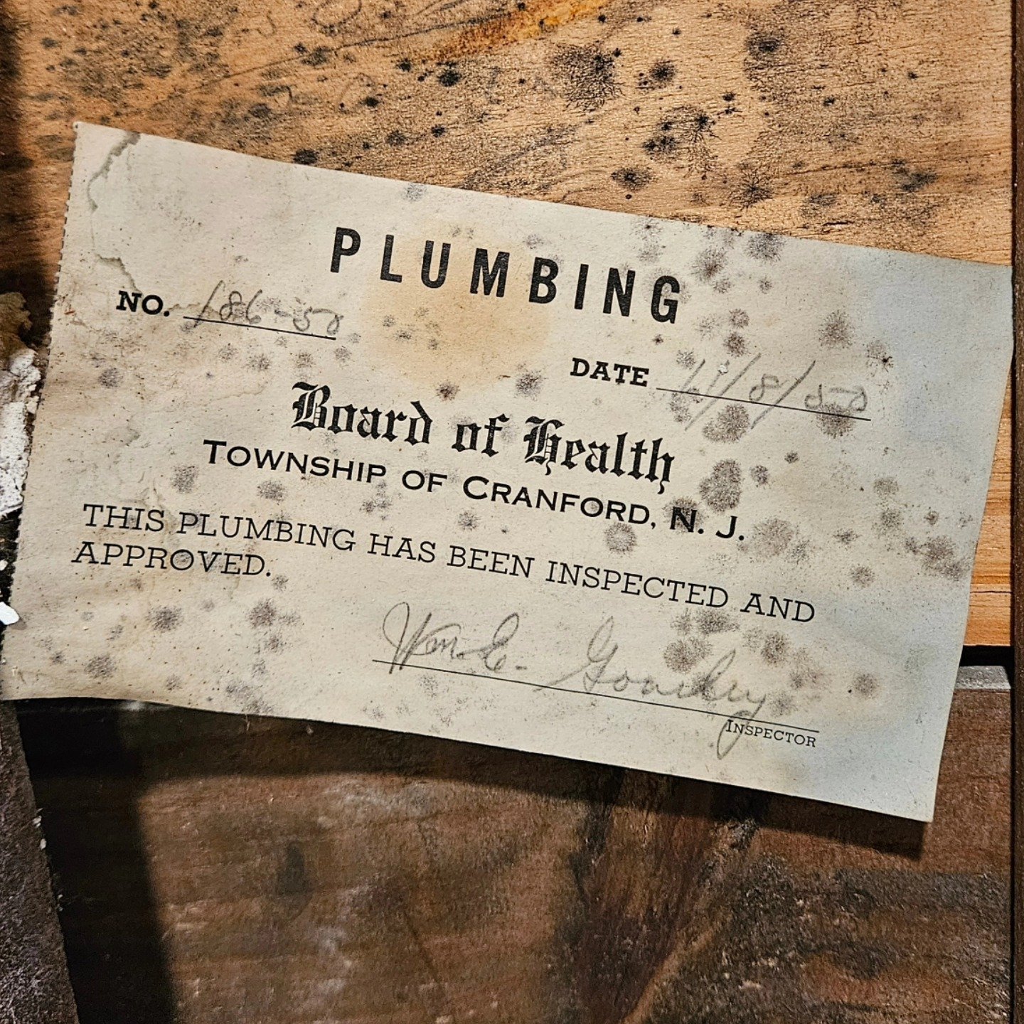 Demo day surprise! It's always cool to see what stands the test of time.. I mean -the plumbing is a mess- but, this inspection card is almost seventy-five years old. 

#JBDB #jbdbuilders #cranfordnj #cranfordlocal #plumbinginspection #1950