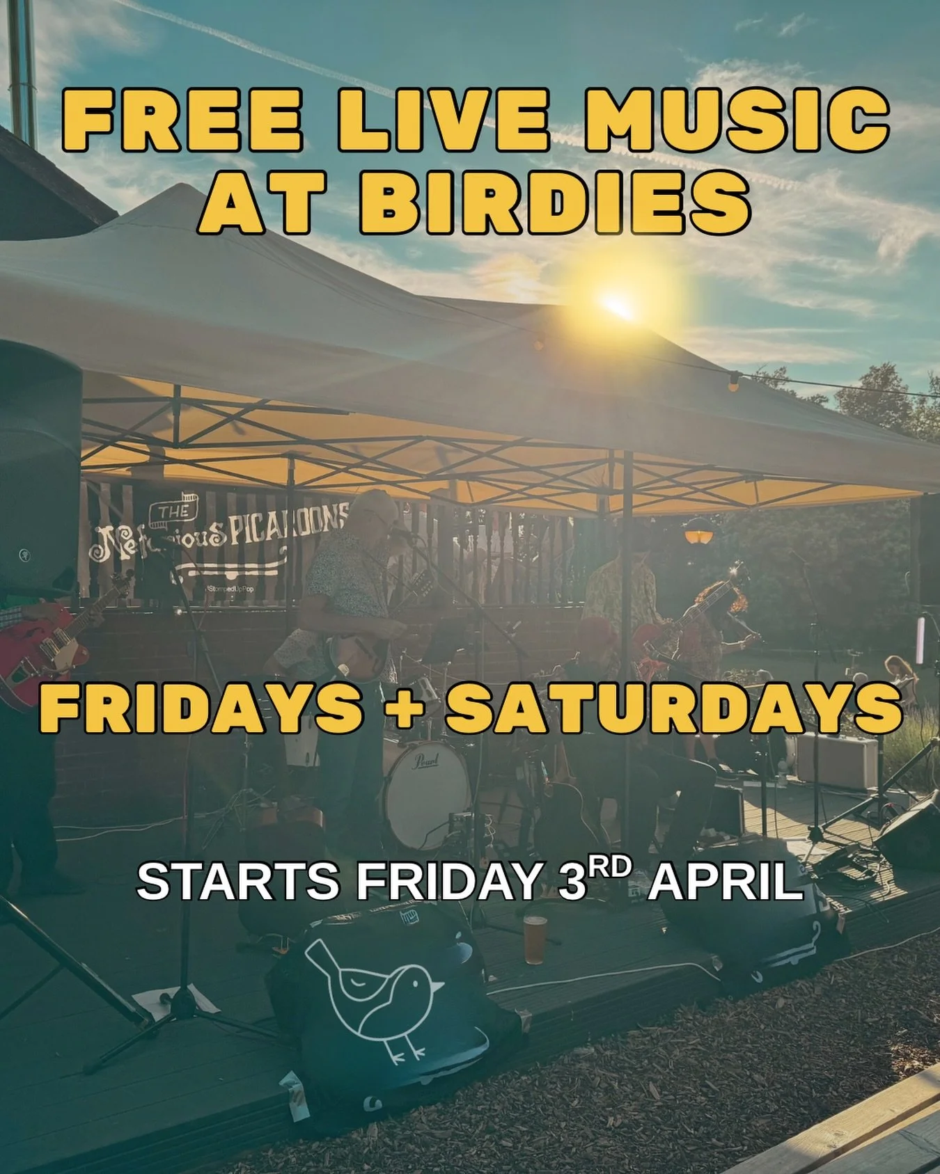 Free Live Music is back at Birdies! 🎶

Starting Friday 3rd April, we&rsquo;ll have live music every Friday AND Saturday on our outdoor stage.

Think sunset evenings, great bands, freshly made stone baked pizzas, brilliant food trucks, and the bar op