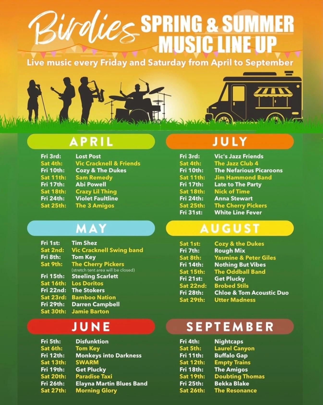 🎶 Live music is BACK at Birdies 🎶

Every Friday AND Saturday from April to September 🙌

Amazing line up this year, with brilliant main acts and loads of great support artists joining us too.

𝐅𝐫𝐢𝐝𝐚𝐲𝐬 = pizza + our rotating line up of guest 