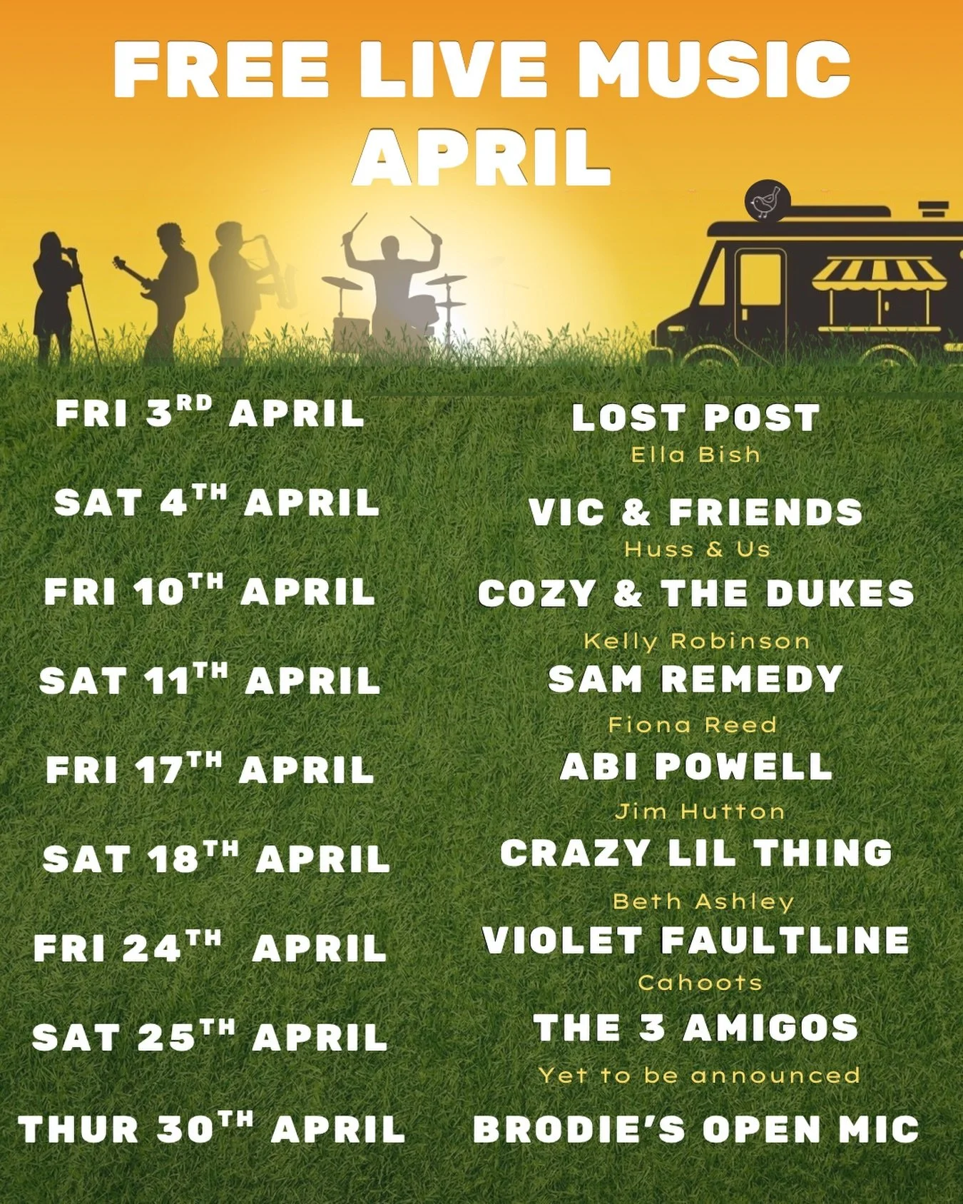 🎶 FREE LIVE MUSIC IS BACK AT BIRDIES 🎶

April is stacked with live music every Friday and Saturday, plus the return of Brodie&rsquo;s monthly Open Mic 🙌

🎵 Music from 7pm

🍕 Stone baked pizzas every night
🌮 Friday food trucks:
3rd April, Sprink