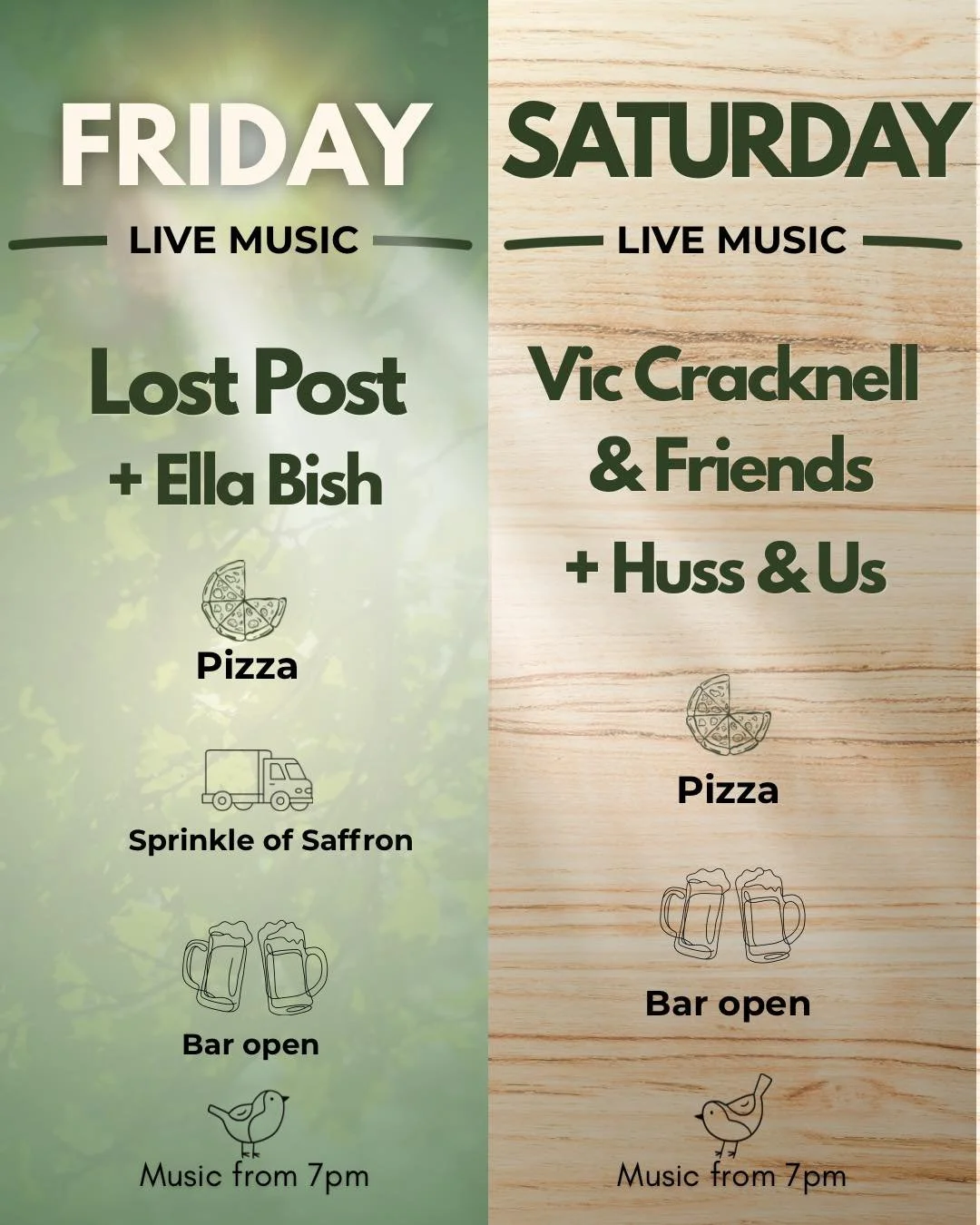 THIS EASTER WEEKEND 👇

Two evenings of free live music at Birdies

Friday 3rd April
Lost Post
+ Ella Bish
Stone Baked Pizza AND Sprinkle of Saffron
Bar 

Saturday 4th April 
Vic Cracknell &amp; Friends
+ Huss &amp; Us
Pizza + bar open

Music from 7p