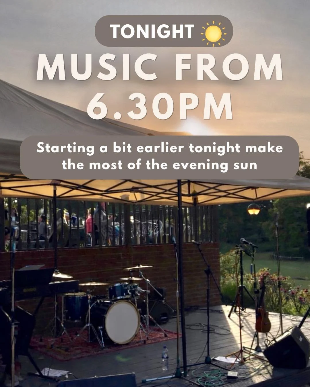 TONIGHT ☀️ 

We&rsquo;re starting a little earlier this evening, music from 6.30pm

Come down early, grab a drink and enjoy it while the sun&rsquo;s still out

🍕 Stone baked pizza
🌮 Mexicali here tonight
🍻 Bar open
🎪 Covered seating under the str