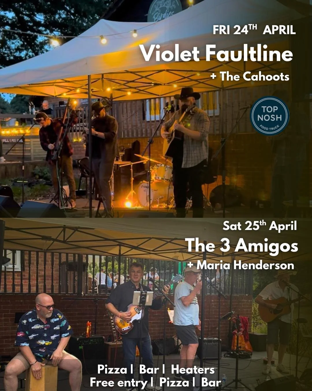 THIS WEEKEND AT BIRDIES ☀️🙌

Sun&rsquo;s out, evenings are lighter and we&rsquo;ve got two brilliant nights lined up for y&rsquo;all. 

Friday 24th April
Violet Faultline
Support from The Cahoots
Fresh stone-baked pizza 
Top Nosh with us

Saturday 2