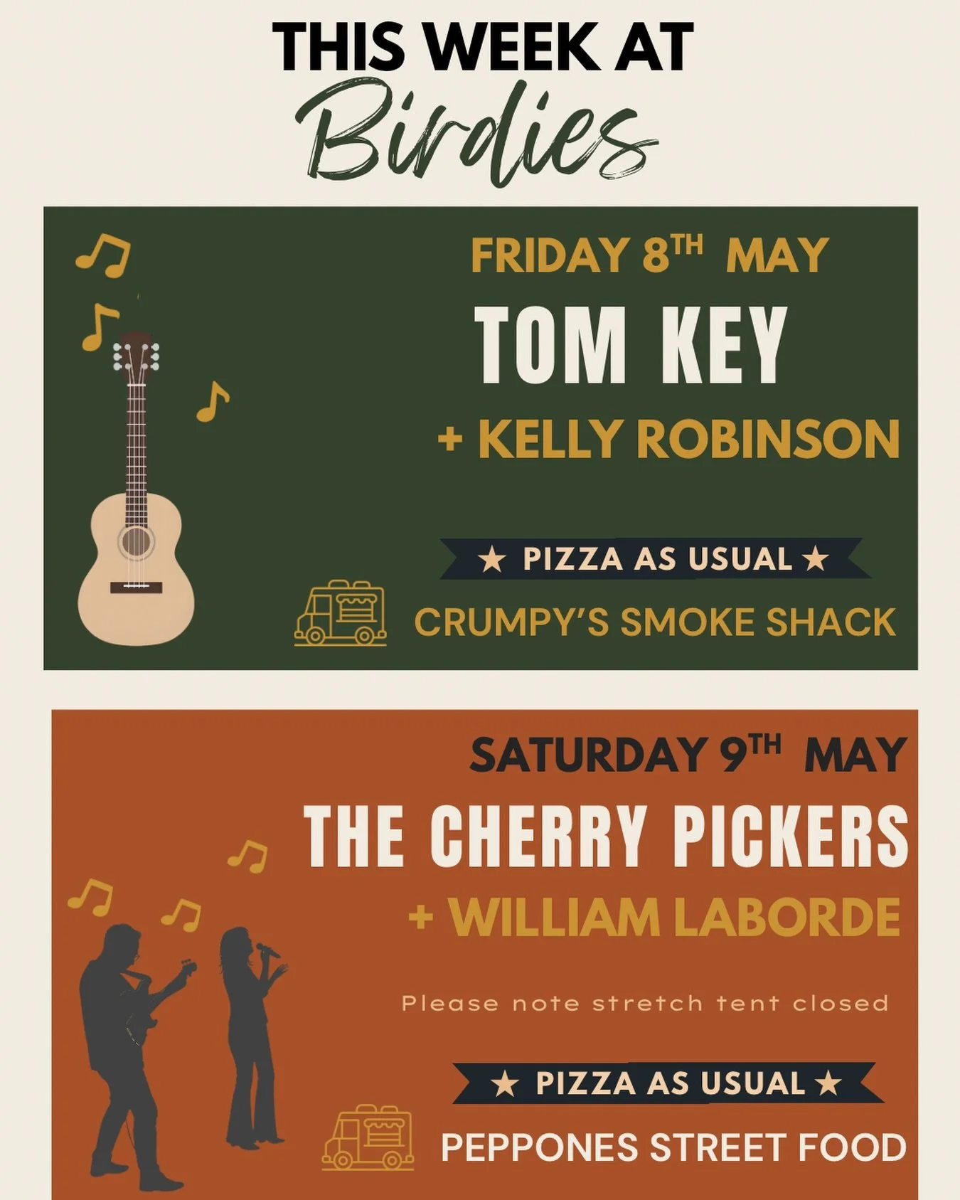 FRIDAY 8TH MAY
🍕 Stone baked pizzas from lunch
🎵 Tom Key + Kelly Robinson
🌮 Crumpy&rsquo;s Smoke Shack from 6pm

SATURDAY 9TH MAY
🍕 Stone baked pizzas from lunch
🎵 The Cherry Pickers + William Laborde
🌮 Peppones Street Food from 6pm
🎪 Stretch 