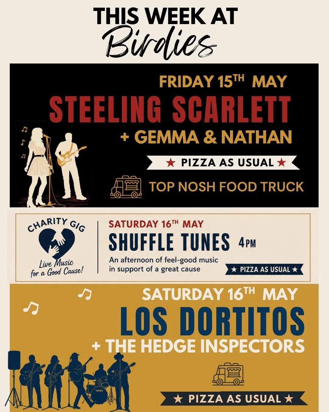 This week at Birdies 🎶

Three lots of live music, pizza, drinks and good atmosphere coming up this weekend&hellip;

FRIDAY 15TH MAY
🎵 Steeling Scarlett + Gemma &amp; Nathan
🍔 Top Nosh Food Truck
🍕 Stone baked pizzas

SATURDAY 16TH MAY, 4PM
❤️ Shu