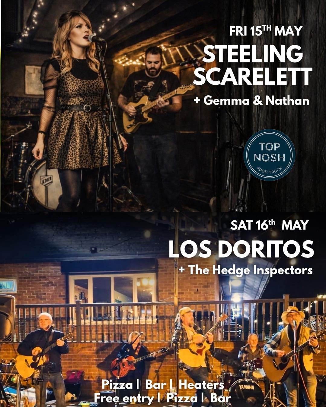 Free live music this weekend at Birdies 🎶

Friday 15th May we welcome Steeling Scarlett + Gemma, with Top Nosh food truck joining us alongside our stone baked pizzas.

Then Saturday 16th May it&rsquo;s the return of Los Doritos + The Hedge Inspector