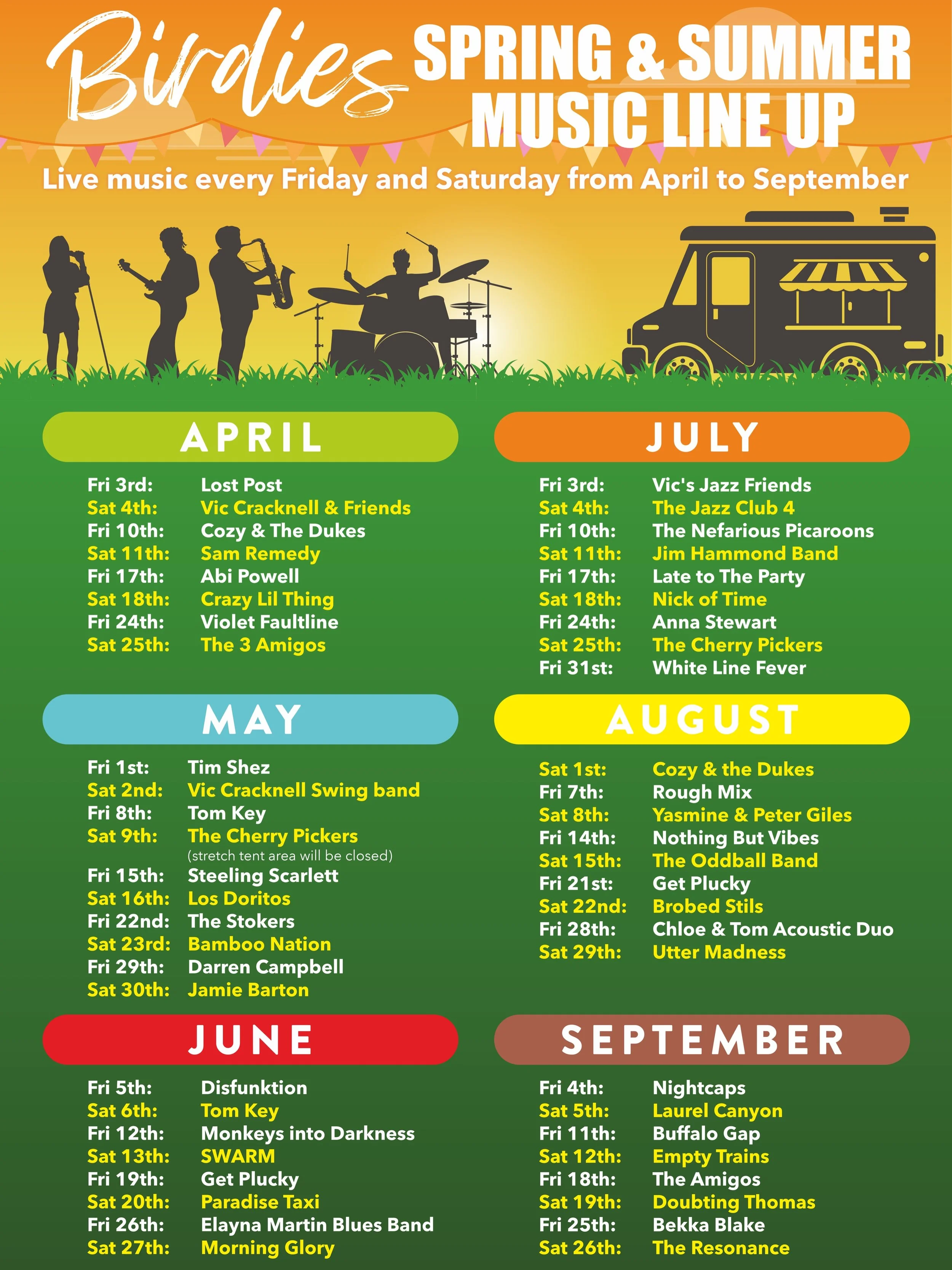 Free live music every Friday &amp; Saturday until the end of September 🎶

We&rsquo;re only just over a month into the season and already we&rsquo;ve had some absolutely brilliant nights at Birdies.

Great crowds, beautiful evenings, fantastic musici