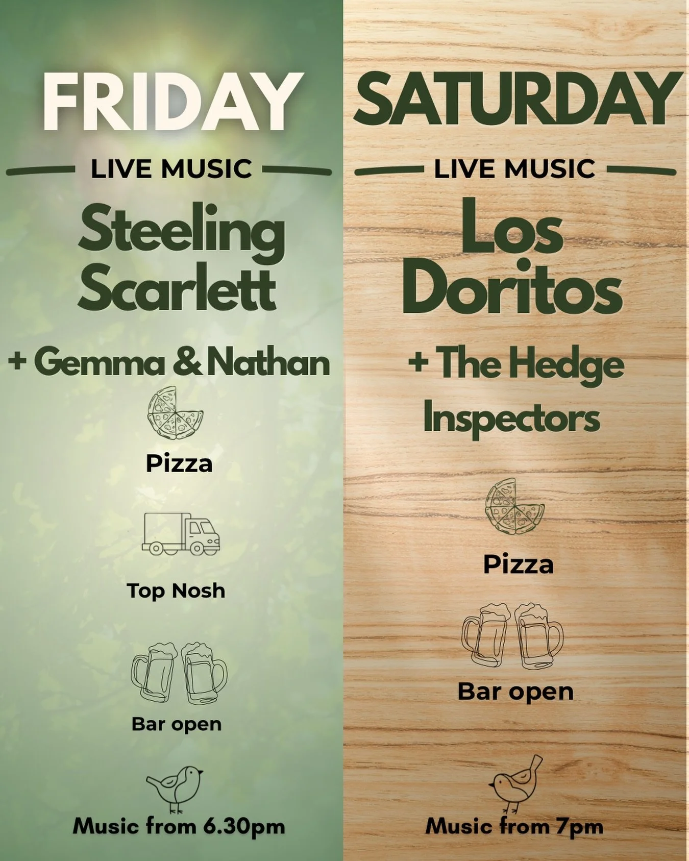 Live music at Birdies this weekend 🎶

Friday night we welcome the absolutely brilliant Steeling Scarlett, supported by Gemma &amp; Nathan, with 🍔 Top Nosh joining us alongside our stone baked pizzas.

Then Saturday it&rsquo;s Los Doritos + The Hedg