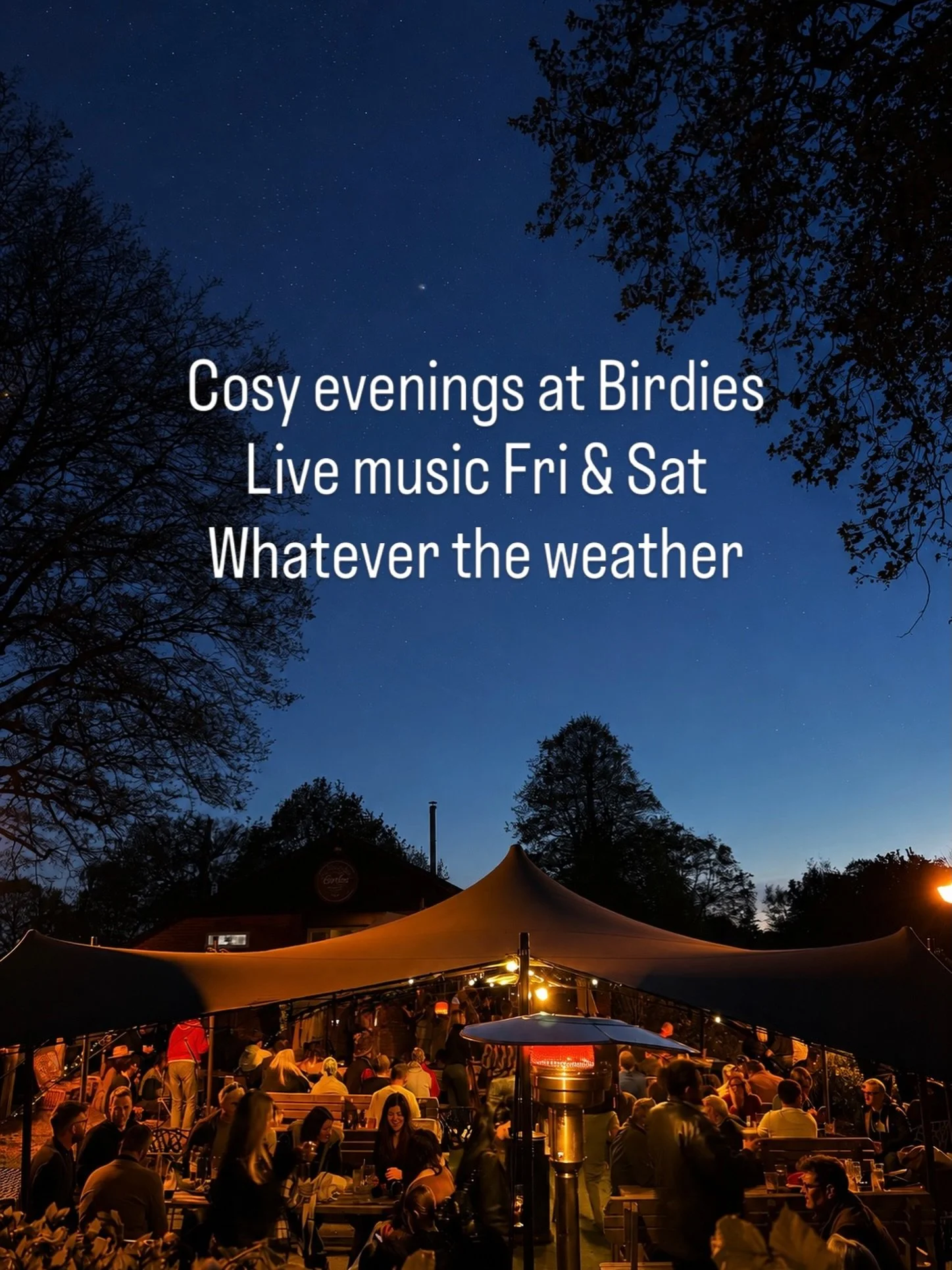 There&rsquo;s something really special about alfresco evenings at Birdies. 

Music playing under the lights, heaters glowing, pizzas fresh from the oven, drinks flowing and everyone settling in for the night together.

At Birdies we don&rsquo;t wait 