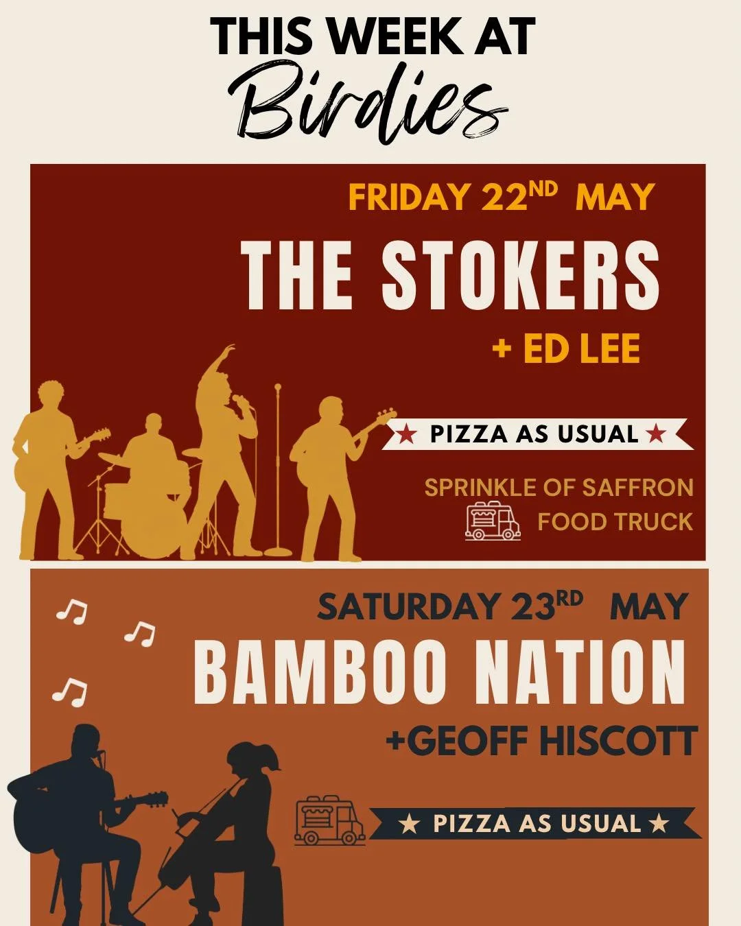 This week at Birdies 🎶

Another weekend of free live music, pizza, drinks and relaxed evenings outside coming up&hellip;

FRIDAY 22ND MAY
🎵 The Stokers + Ed Lee
🍛 Sprinkle of Saffron Food Truck
🍕 Stone baked pizzas

SATURDAY 23RD MAY
🎵 Bamboo Na