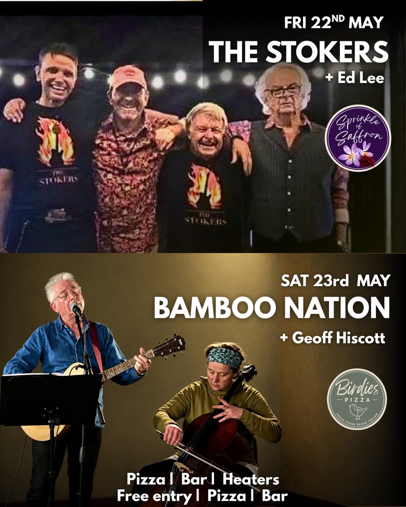 Free live music at Birdies this weekend 🎶

Friday 22nd May we are so excited to welcome The Stokers! Supported by Ed Lee
🍛 Sprinkle of Saffron food truck joining us alongside our stone baked pizzas.

Then Saturday 23rd May it&rsquo;s Bamboo Nation 