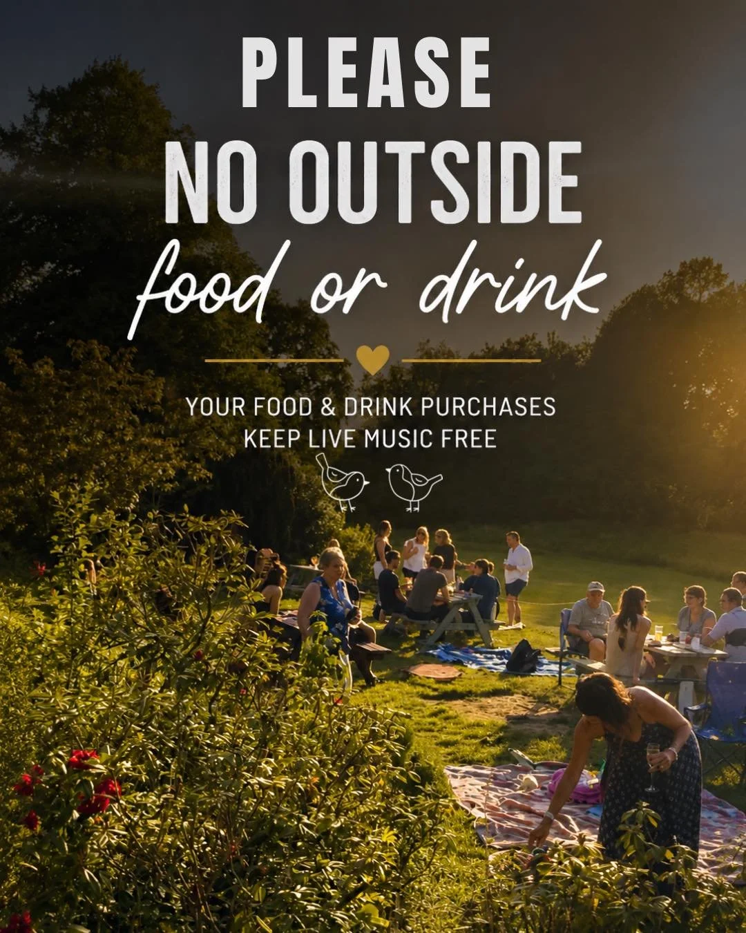 A little reminder from us at Birdies ❤️

We know Birdies has a relaxed outdoor feel, especially in the sunshine, but we are not a picnic site and outside food or drink isn&rsquo;t permitted.

Birdies is a fully licensed independent venue and our free