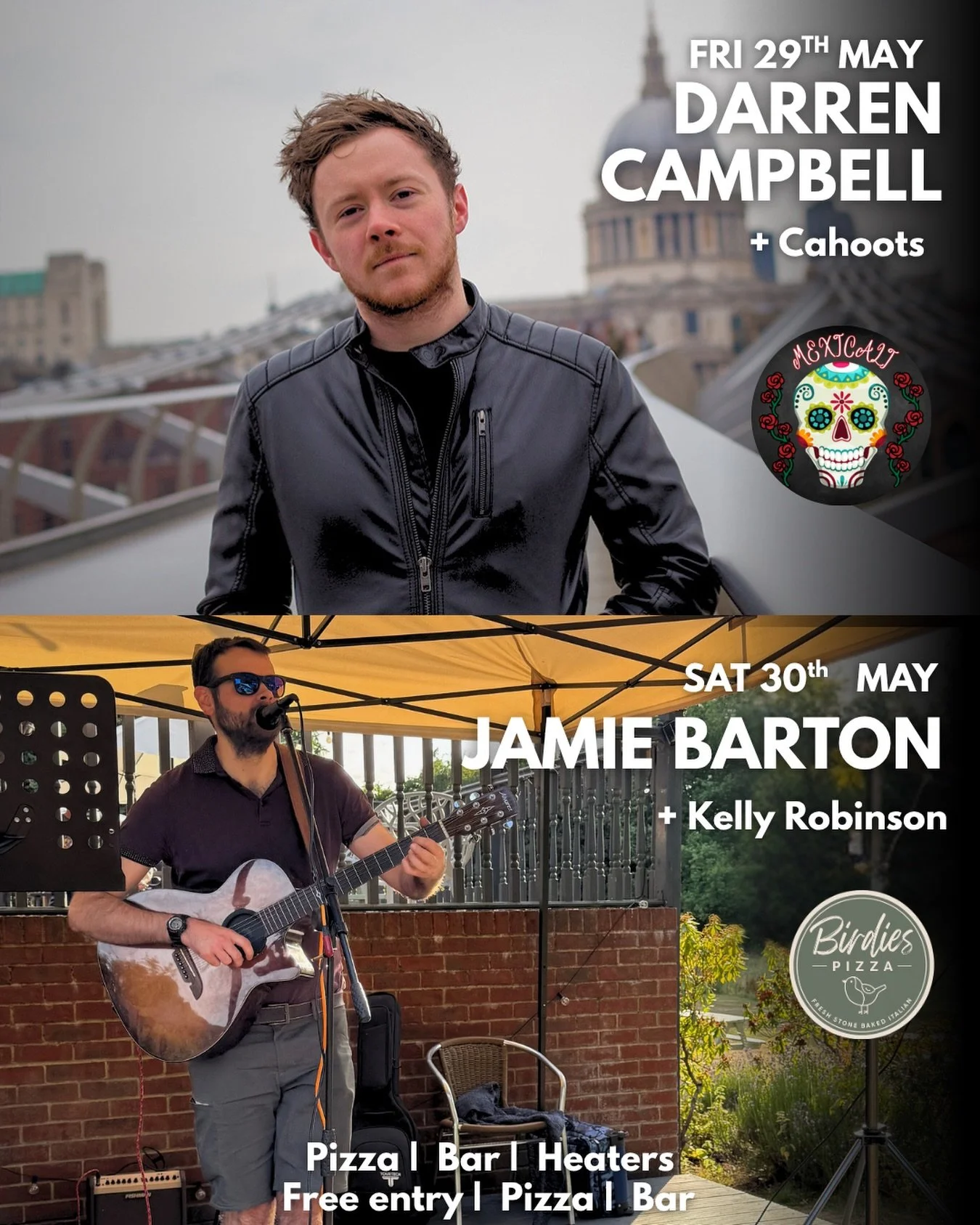 This weekend at Birdies 🎶☀️

Live music Friday AND Saturday again this week, with pizzas fired up all weekend, Mexicali food truck Friday, drinks flowing and two brilliant nights of live music ahead 🍕🍻

Friday 29th May
🎤 Darren Campbell
🎶 Suppor